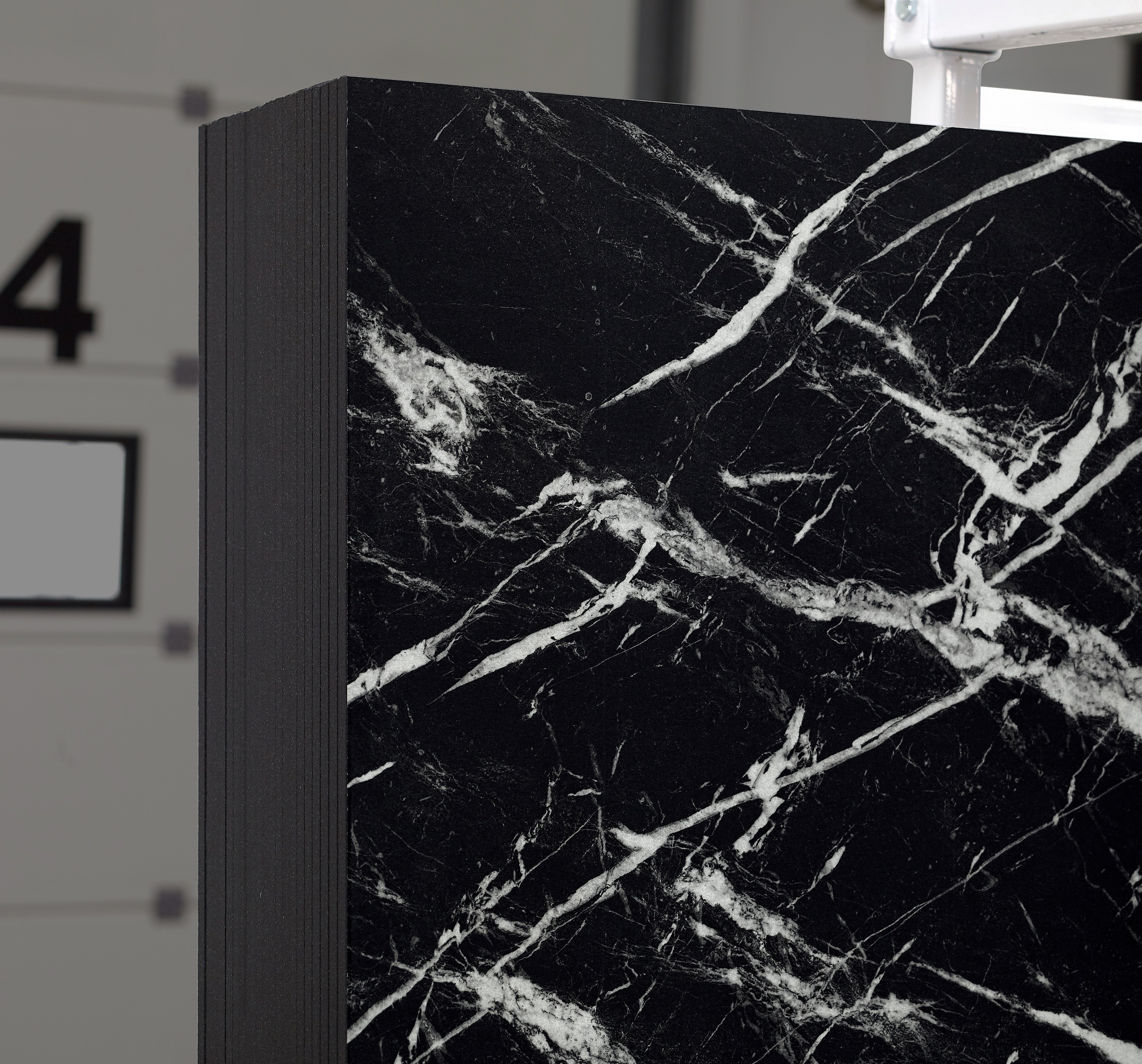 Majesto Nero Marquina sintered stone slabs by Anatolia, top-down product view, 64"×127"×15/32" size. Turkish sintered stone for floors and walls.