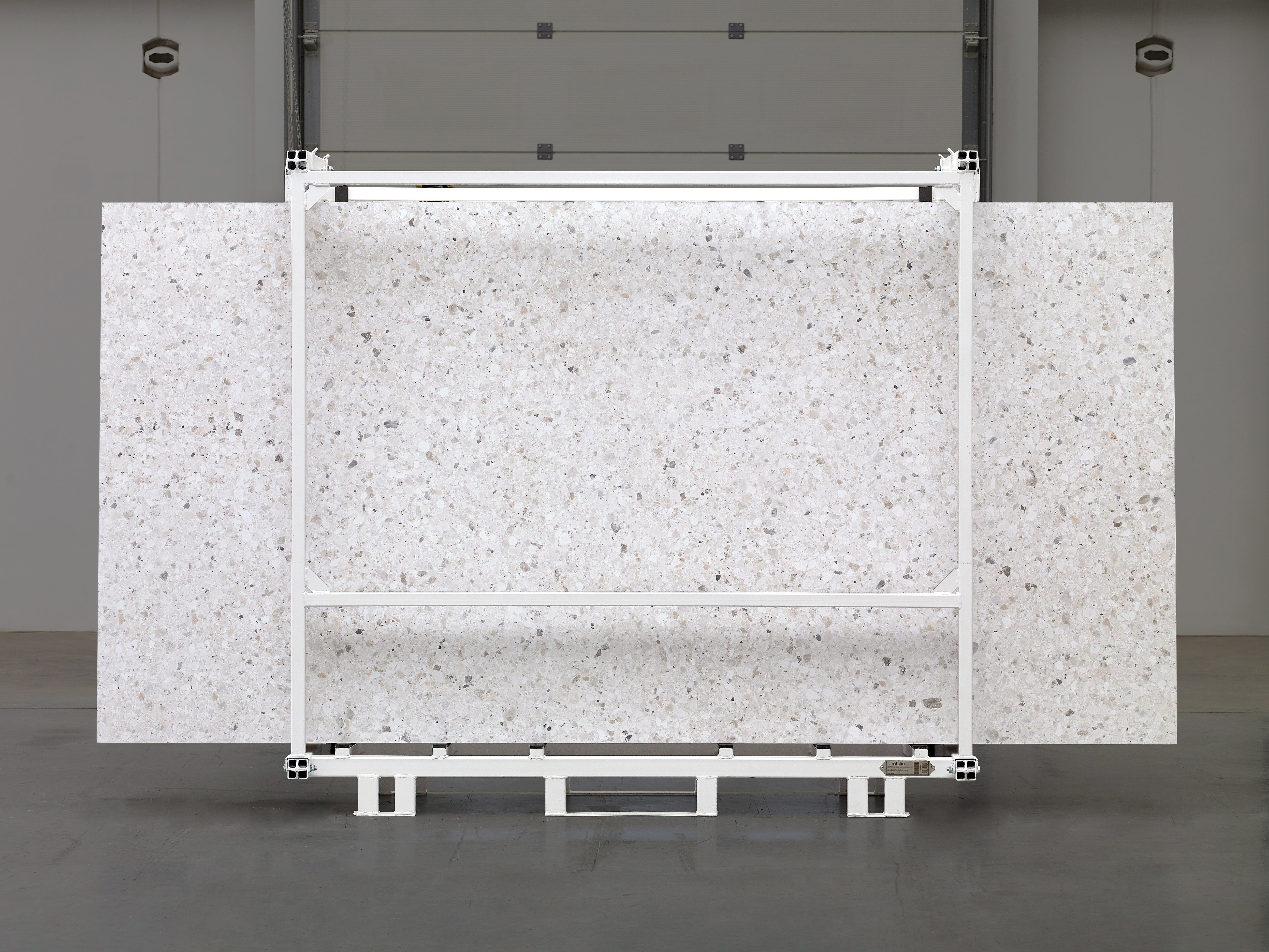 Majesto Terrazzo Delicato sintered stone slabs by Anatolia, top-down product view, 64"×127"×15/32" size. Turkish sintered stone for floors and walls.