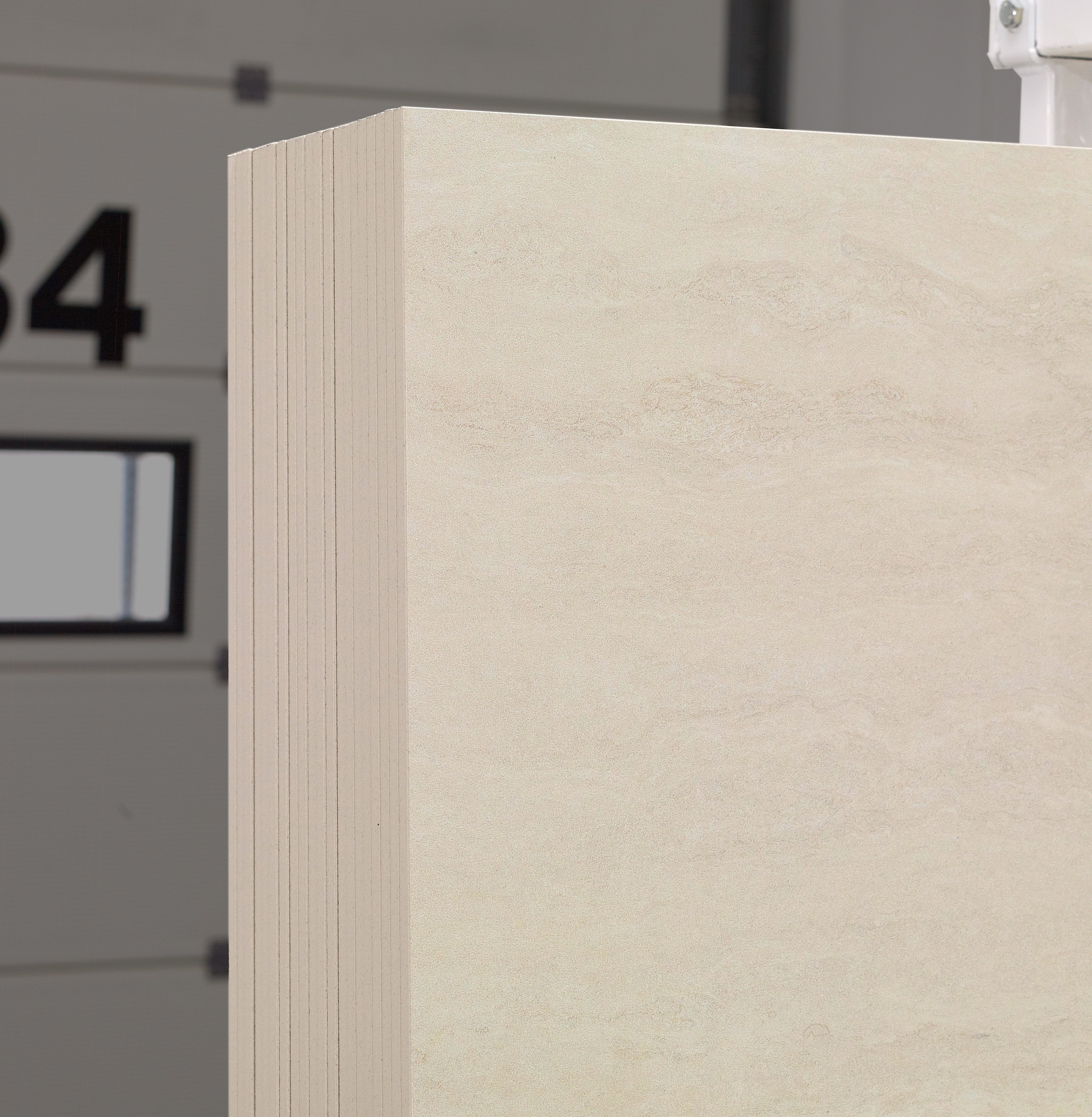 Majesto Travertino Classico sintered stone slabs by Anatolia, top-down product view, 64"×127"×15/32" size. Turkish sintered stone for floors and walls.