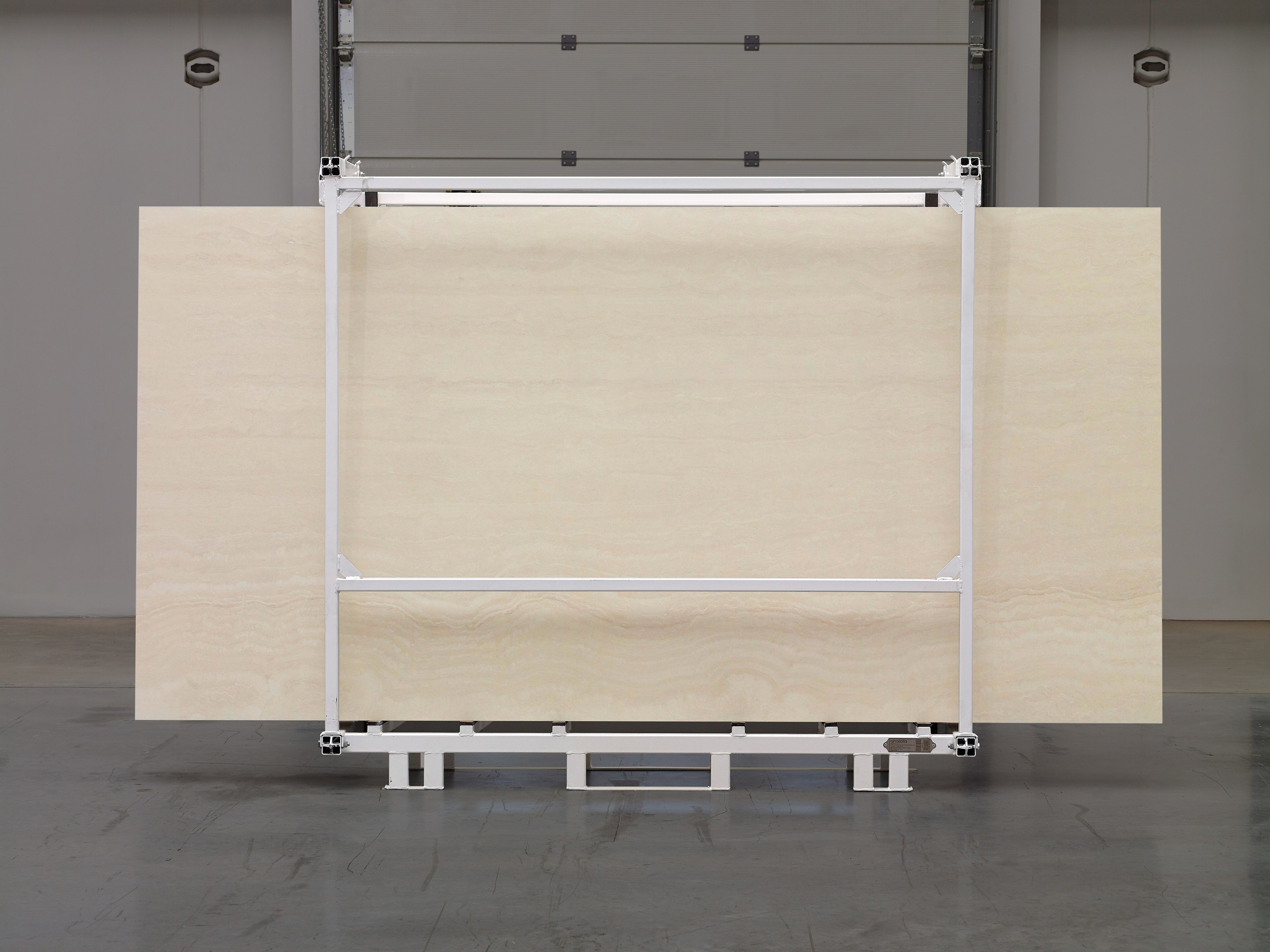 Majesto Travertino Classico sintered stone slabs by Anatolia, top-down product view, 64"×127"×15/32" size. Turkish sintered stone for floors and walls.