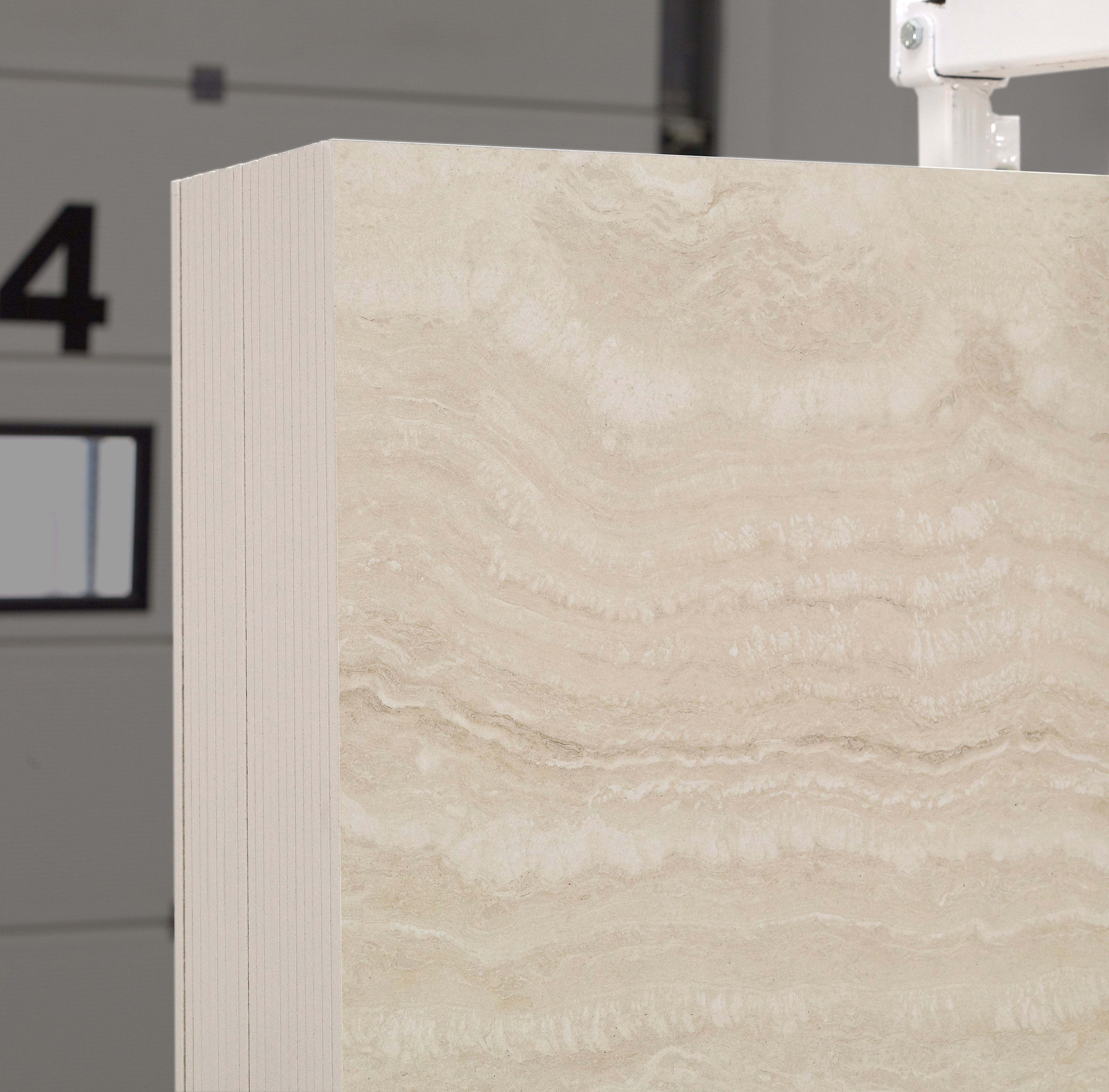 Majesto Travertino Classico sintered stone slabs by Anatolia, top-down product view, 64"×127"×15/32" size. Turkish sintered stone for floors and walls.