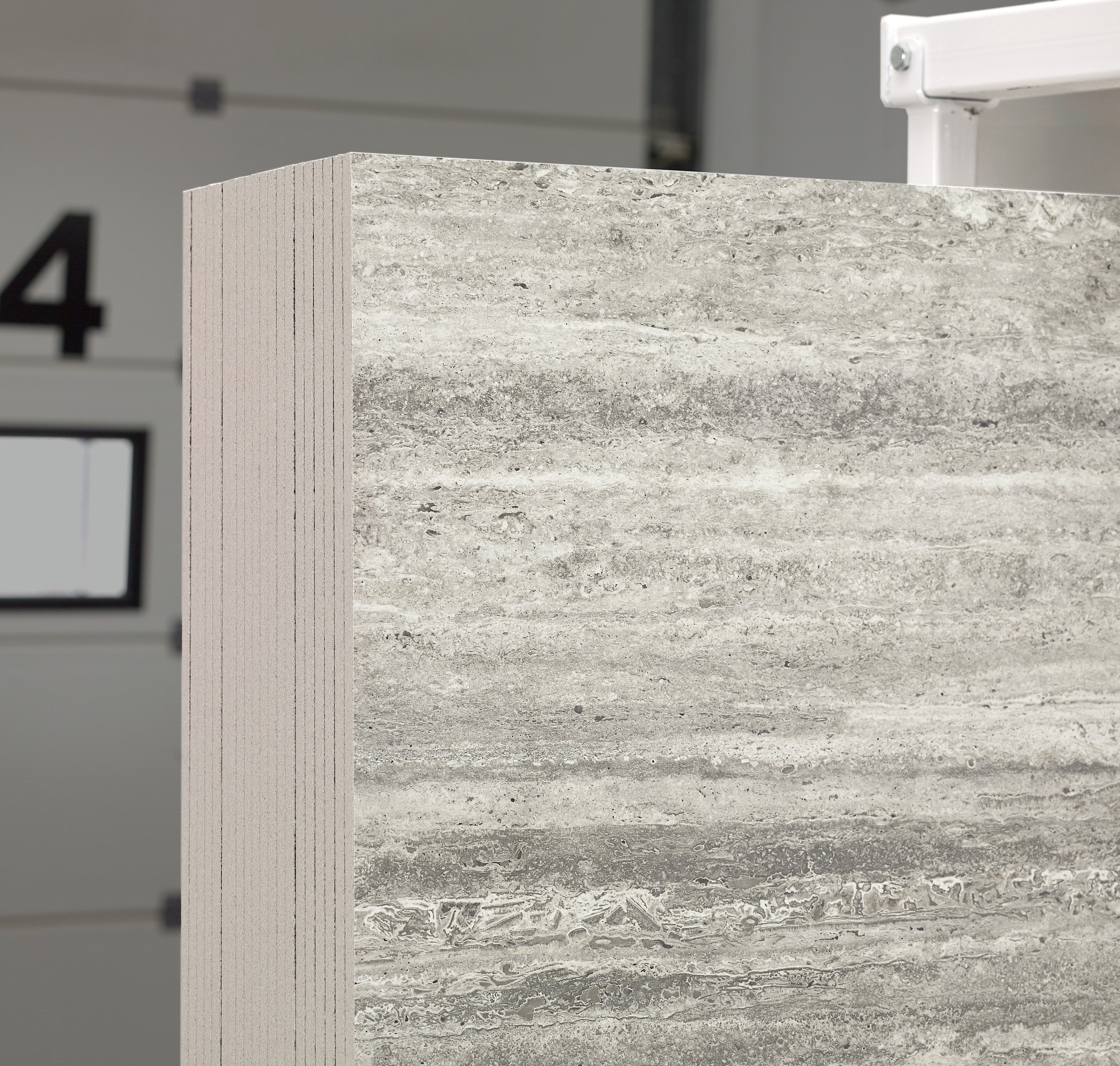 Majesto Travertino Titanium sintered stone slabs by Anatolia, top-down product view, 64"×127"×15/32" size. Turkish sintered stone for floors and walls.