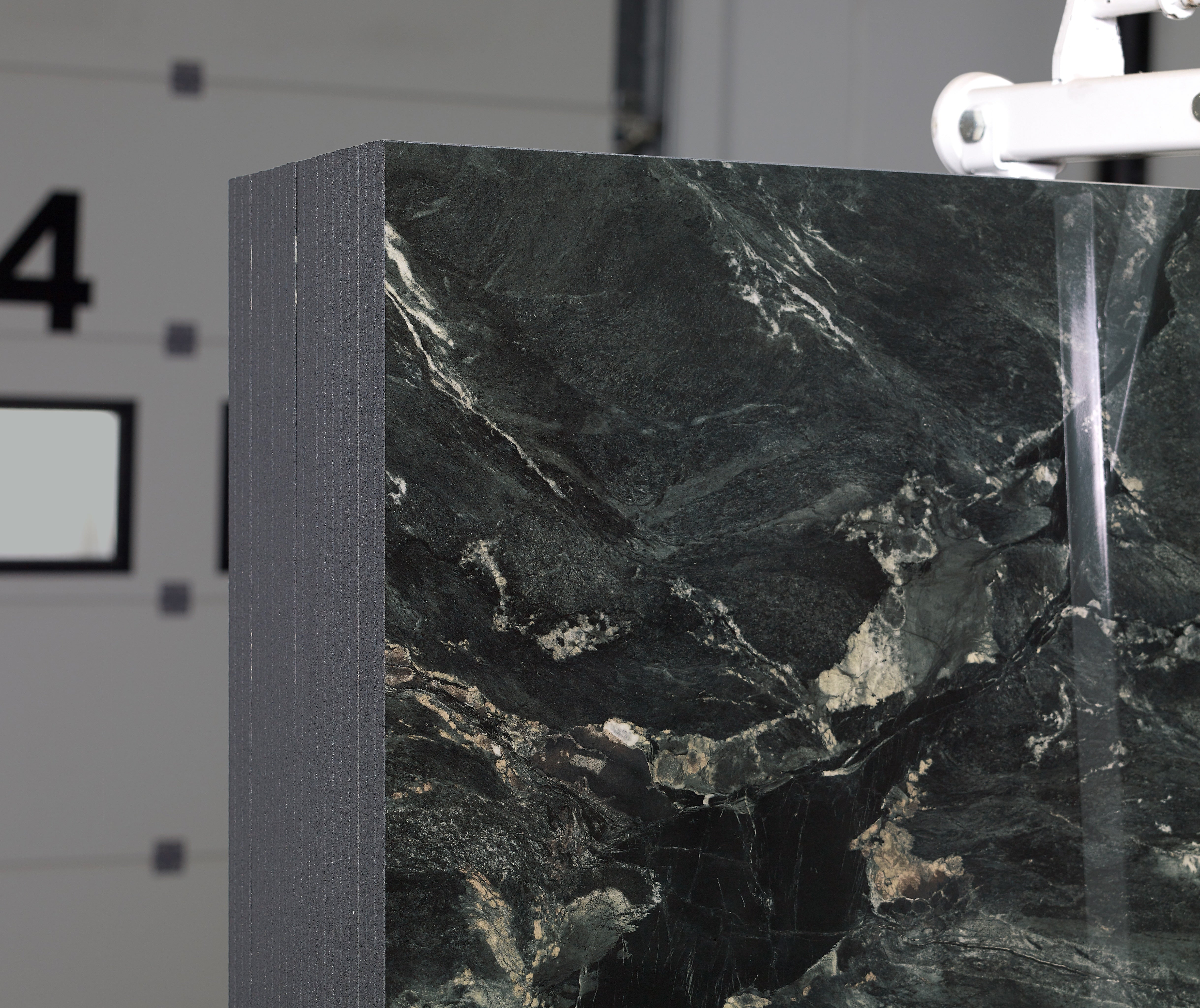 Majesto Verdi Alpi sintered stone slabs by Anatolia, top-down product view, 64"×127"×15/32" size. Turkish sintered stone for floors and walls.