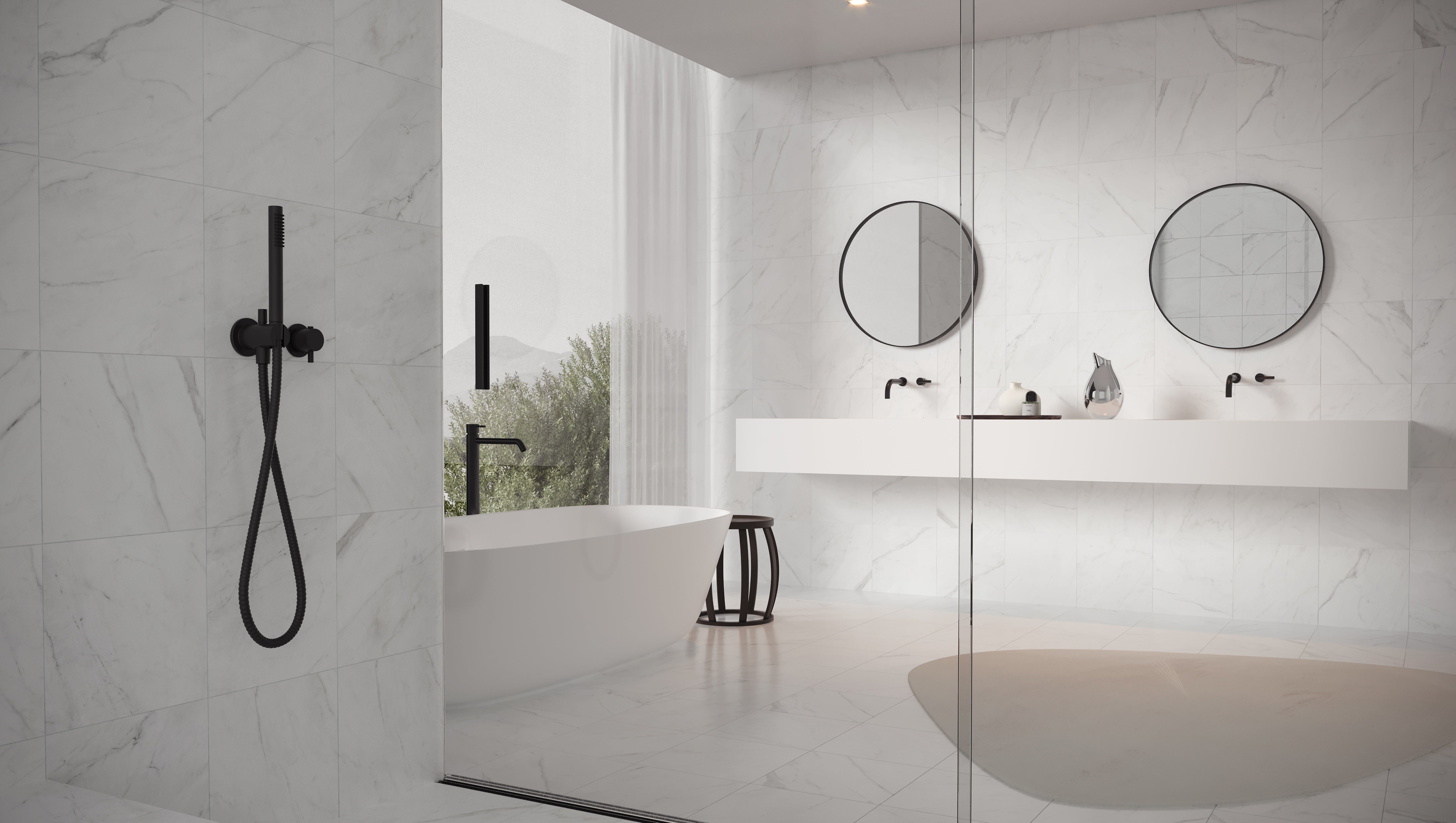 Altezza Carrara porcelain trim by Anatolia, top-down product view, 3"×12"×11/32" size. Turkish porcelain for floors and walls.