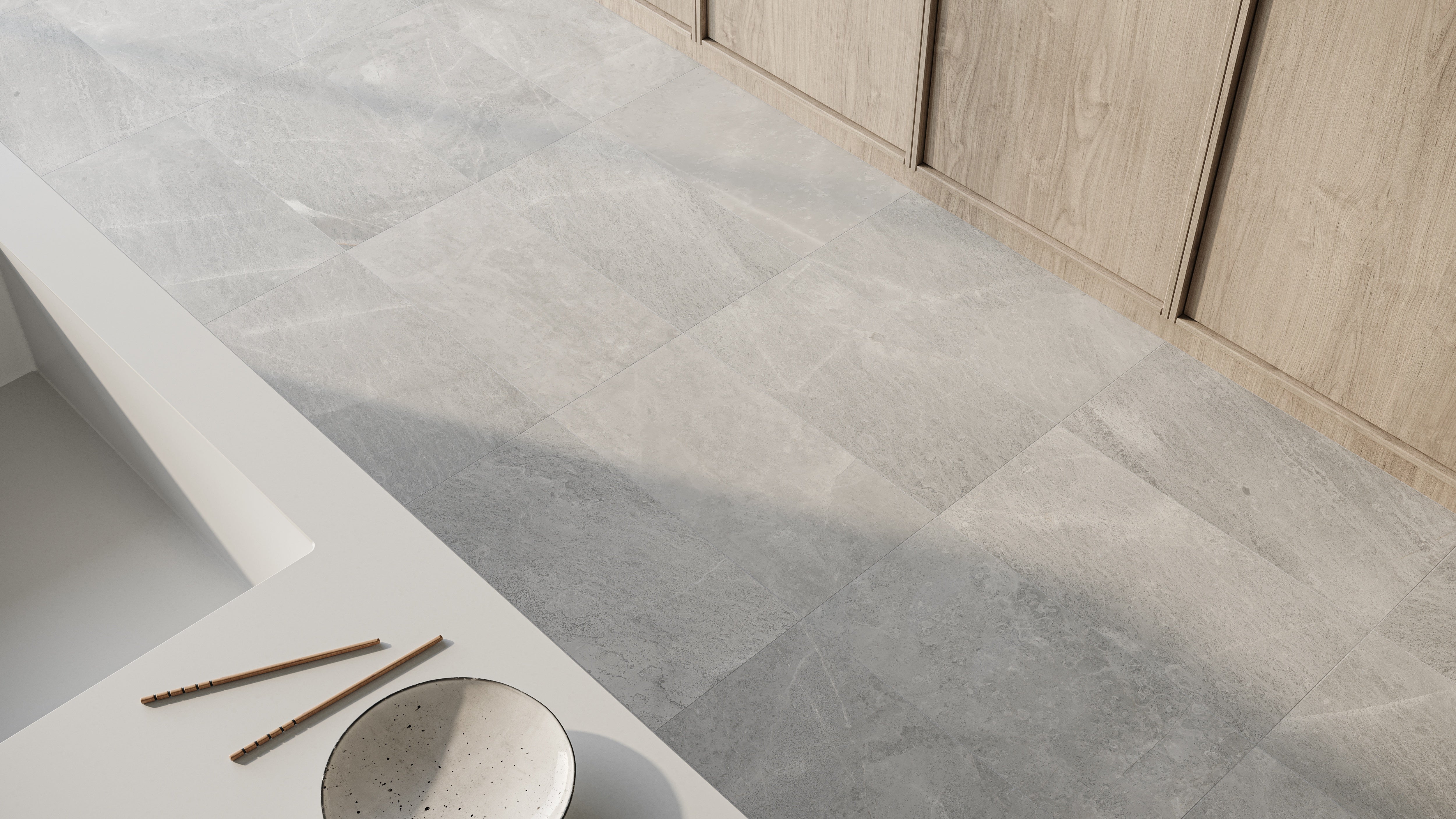Anciano Grigio marble trim by Anatolia, top-down product view, 1/2"×12"×5/8" size. Turkish marble for floors and walls.
