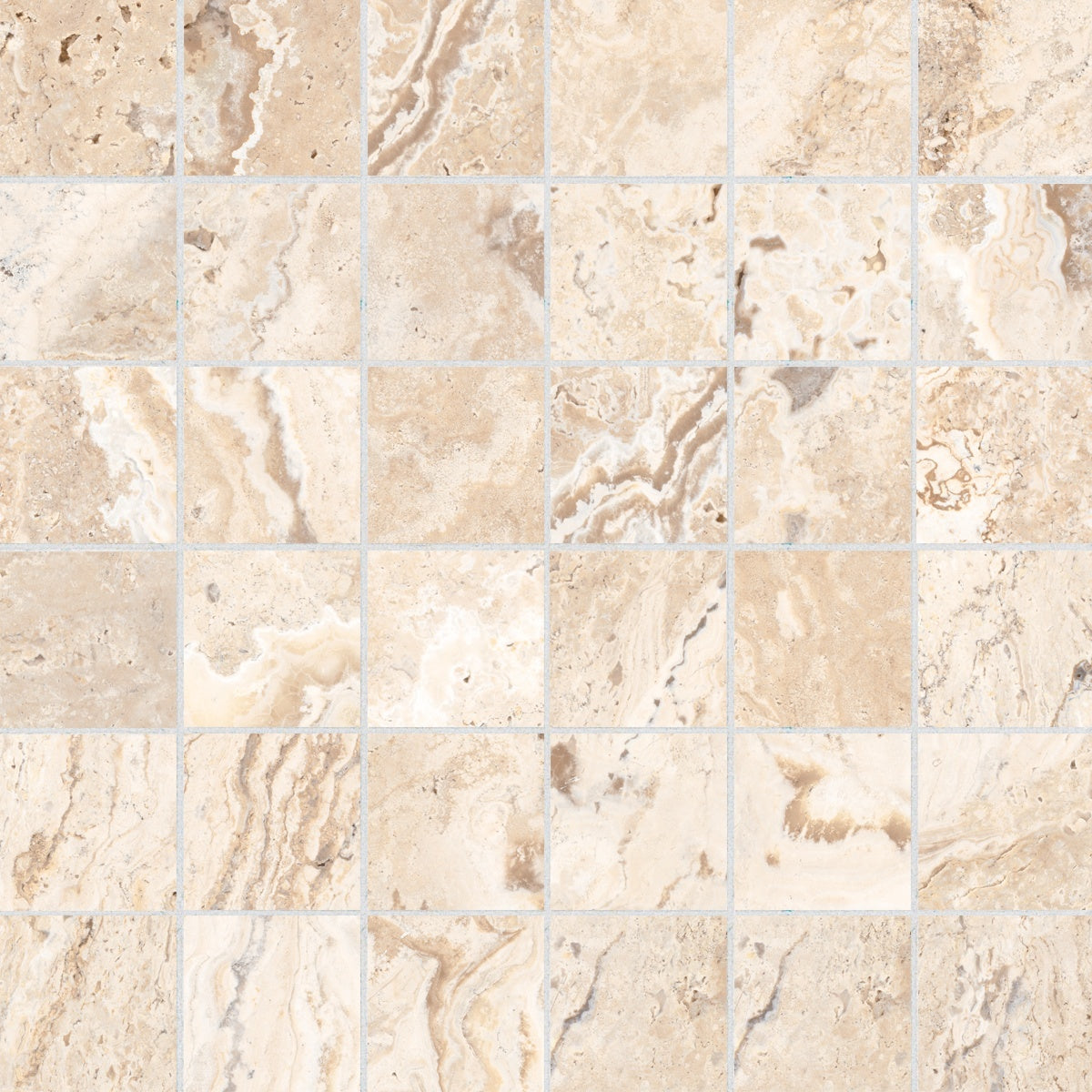 Antico Sand porcelain mosaic by Anatolia, top-down product view, 11 25/32"×11 25/32"×5/16" size. Turkish porcelain for floors and walls.