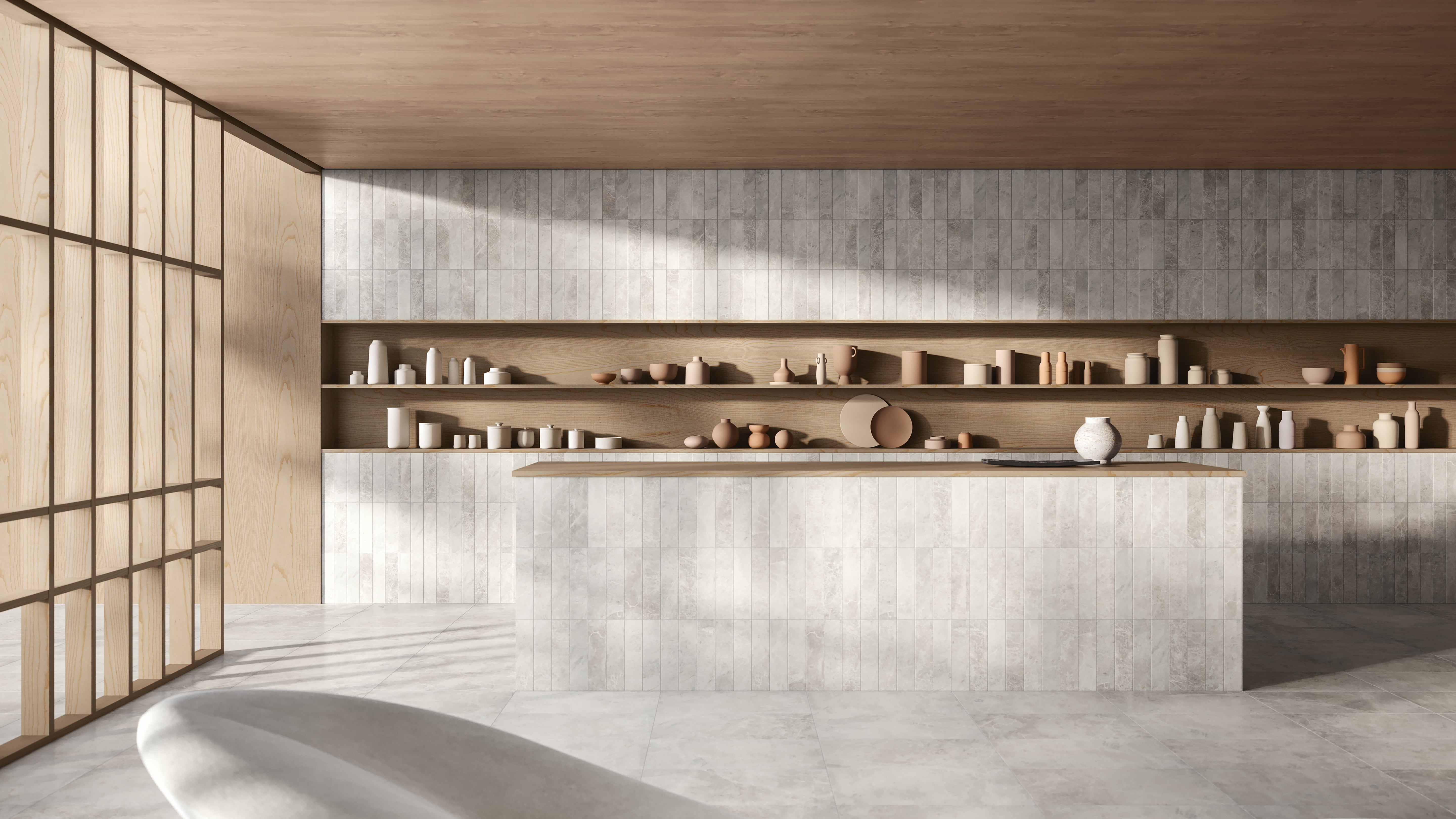 Apollo Argento field tile by Anatolia Tile, lifestyle installation view 1, 3"×12" size. Premium porcelain for floors and walls.