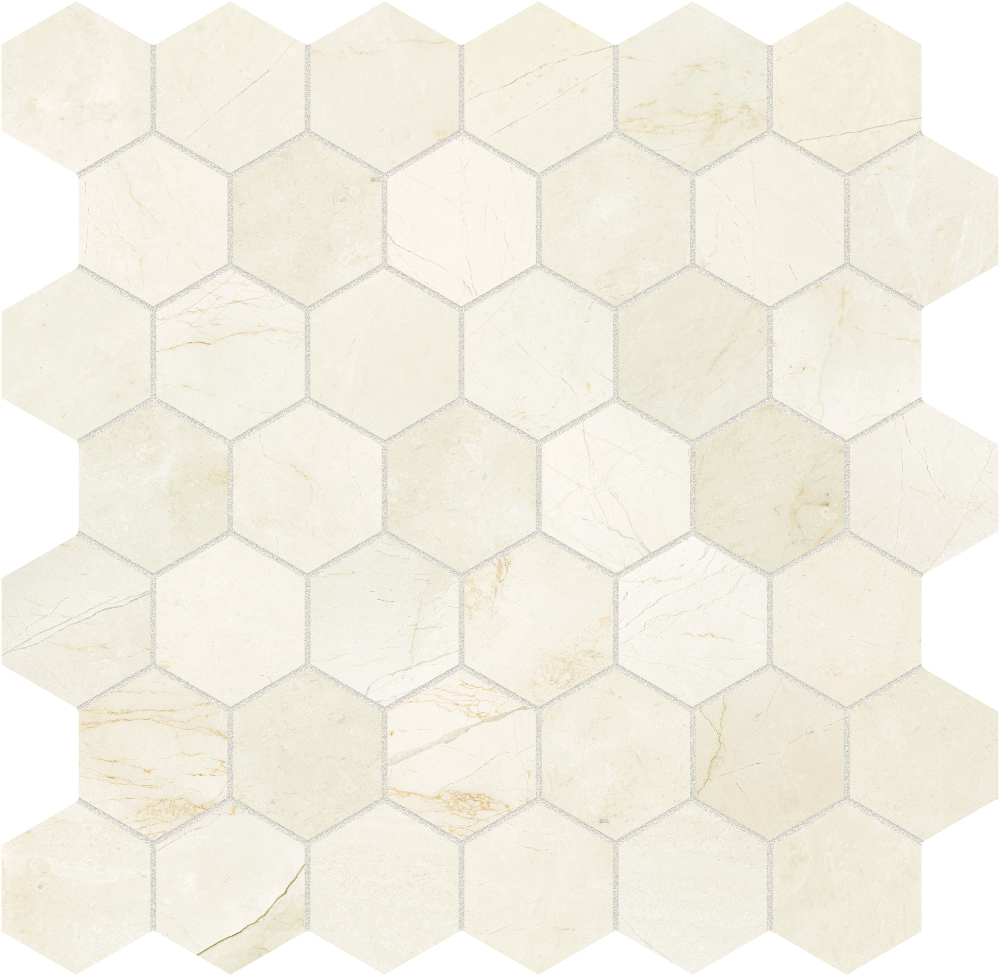 Avorio Crema marble mosaic by Anatolia, top-down product view, 11 7/8"×12"×3/8" size. Turkish marble for floors and walls.