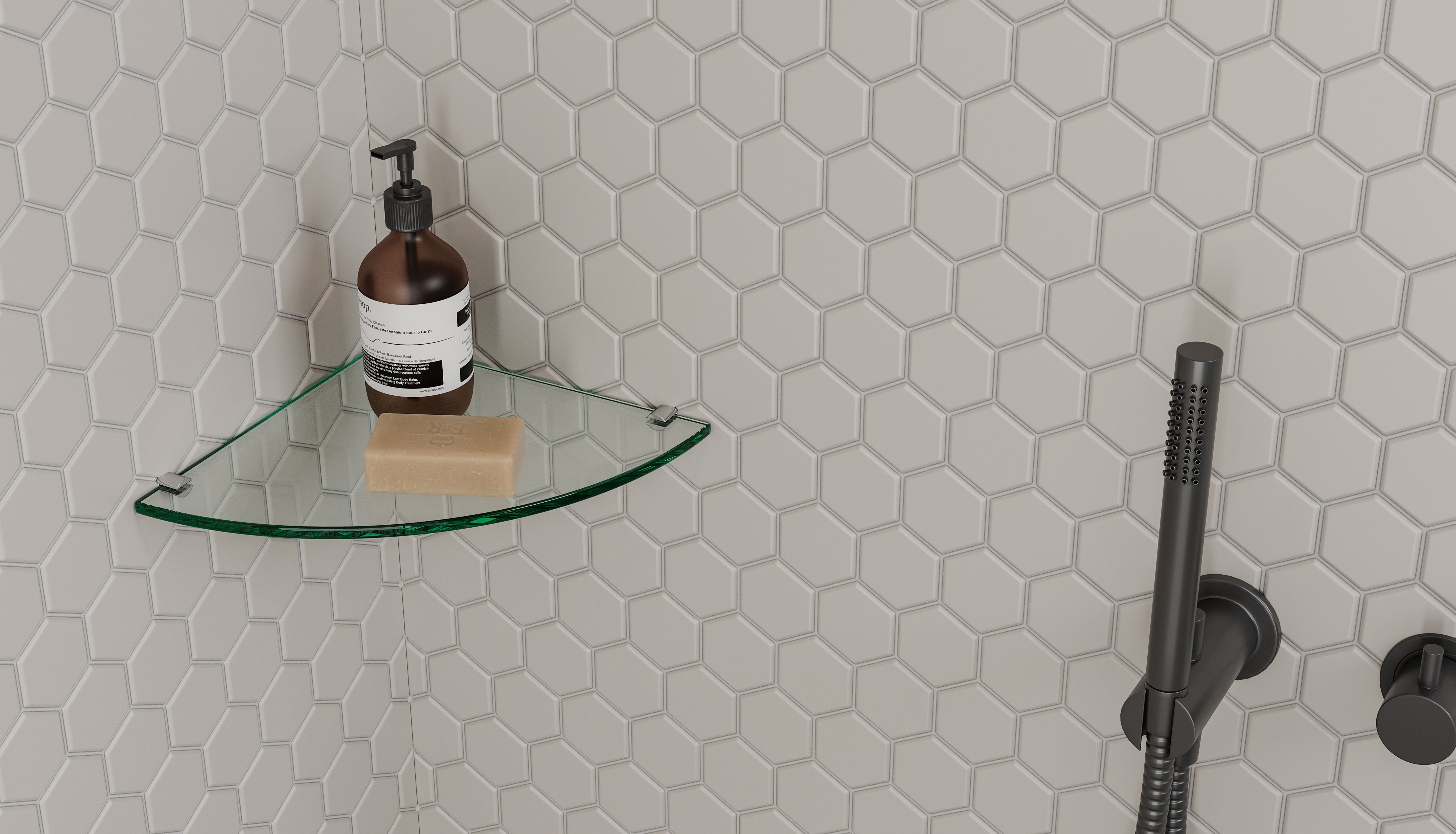 Soho Halo Grey porcelain mosaic by Anatolia, lifestyle installation view 3, 10 7/16"×13 5/16"×9/32" size. Malaysian porcelain for floors and walls.