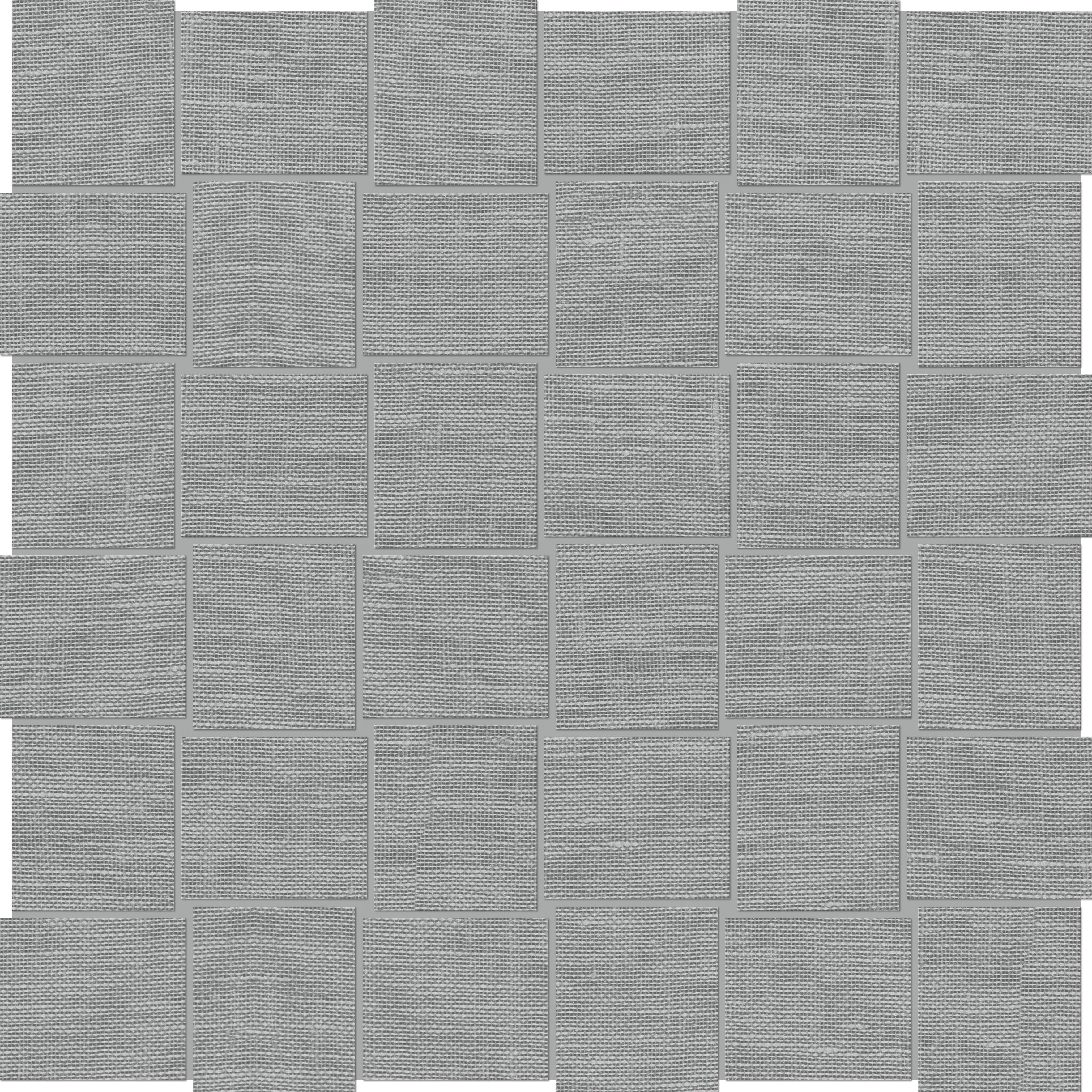 Belgian Linen Mica porcelain mosaic by Anatolia, top-down product view, 11 23/32"×11 23/32"×11/32" size. Malaysian porcelain for floors and walls.
