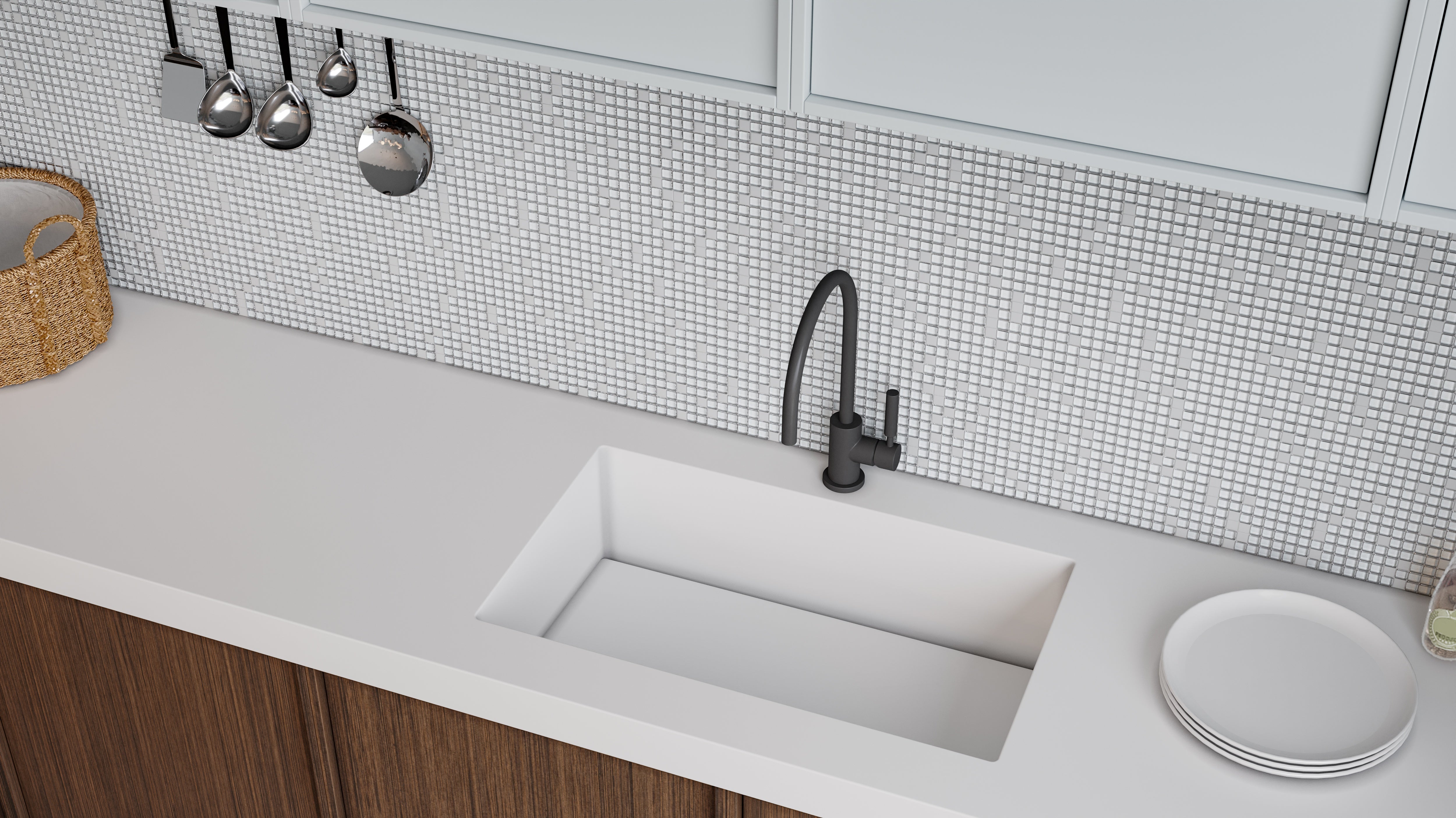mosaic by Anatolia Tile, lifestyle installation view 2, 5/8" size. Premium porcelain for floors and walls.