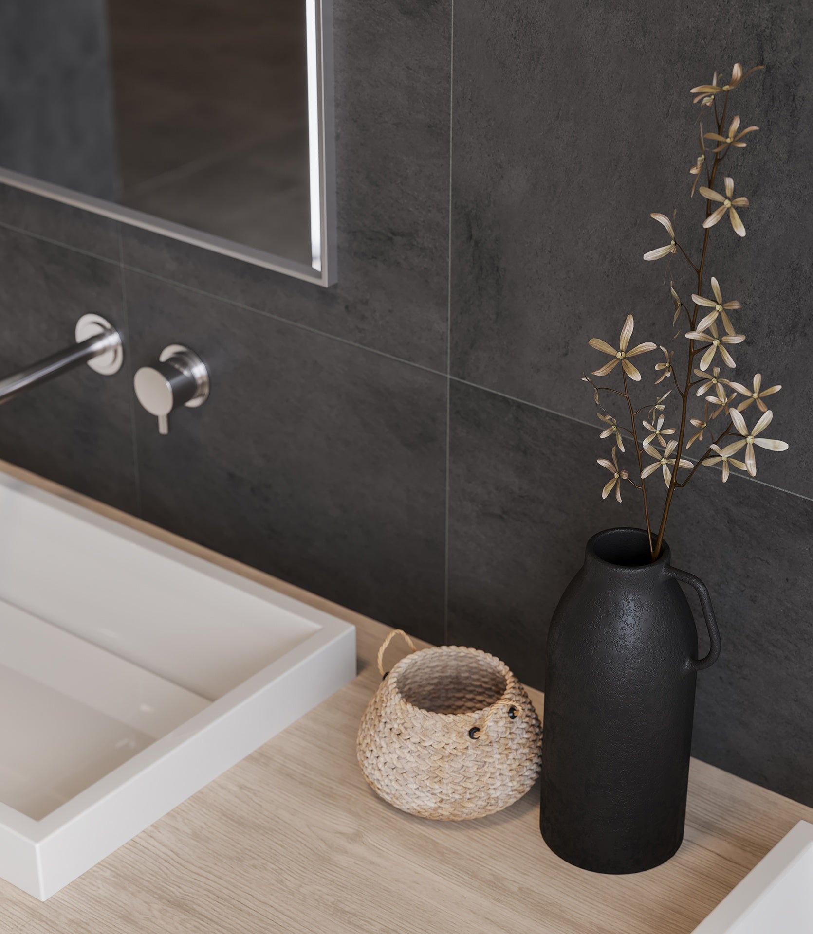 Cinq Black ceramic mosaic by Anatolia, top-down product view, 12 15/16"×12 15/16"×5/16" size. Turkish ceramic for floors and walls.