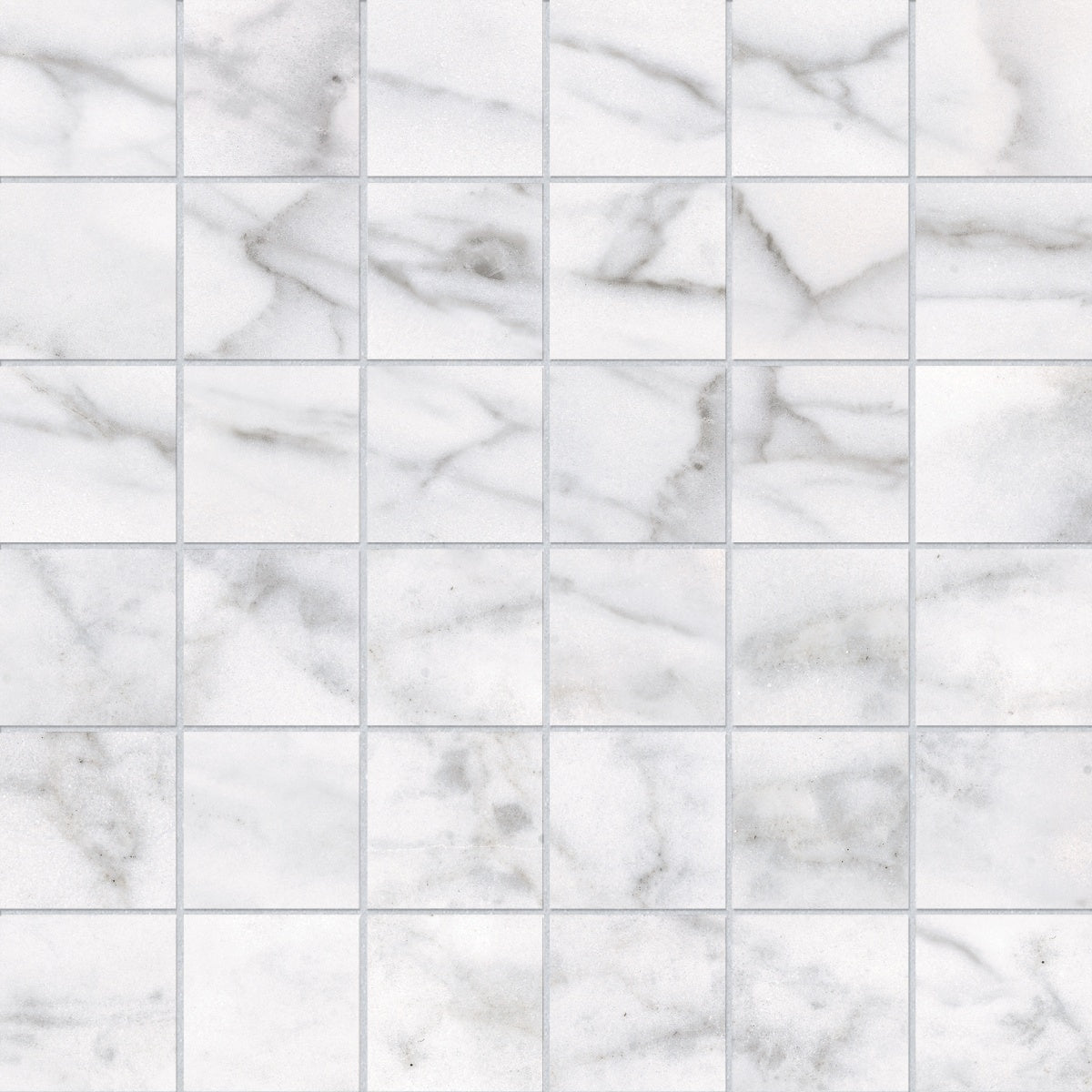 Classic Carrara porcelain mosaic by Anatolia, top-down product view, 11 25/32"×11 25/32"×9/32" size. Turkish porcelain for floors and walls.
