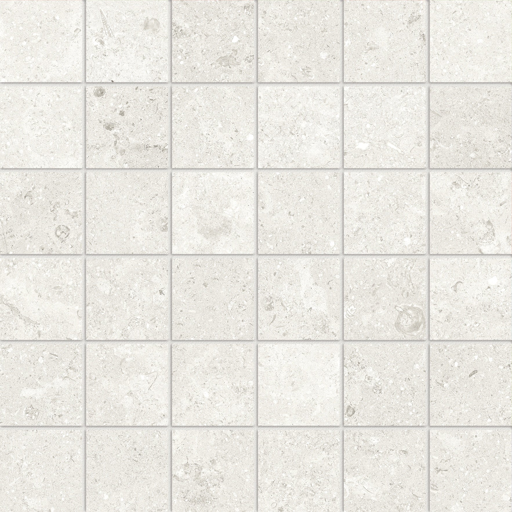 Coliseo Pearl porcelain mosaic by Anatolia, top-down product view, 11 25/32"×11 25/32"×11/32" size. Turkish porcelain for floors and walls.