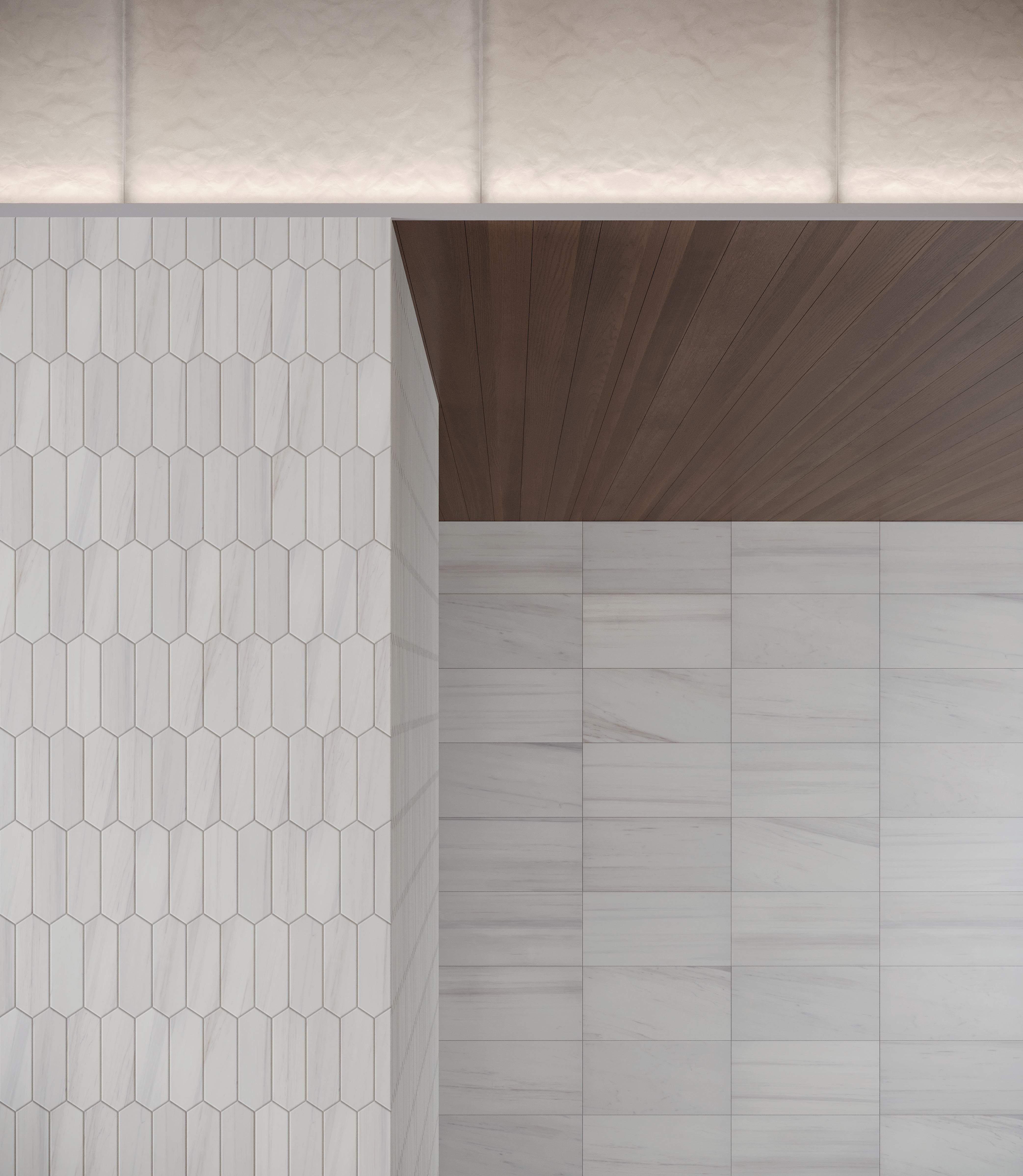 Cosmo Lumino dolomite trim by Anatolia, top-down product view, 1 1/4"×12"×7/8" size. Turkish dolomite for floors and walls.