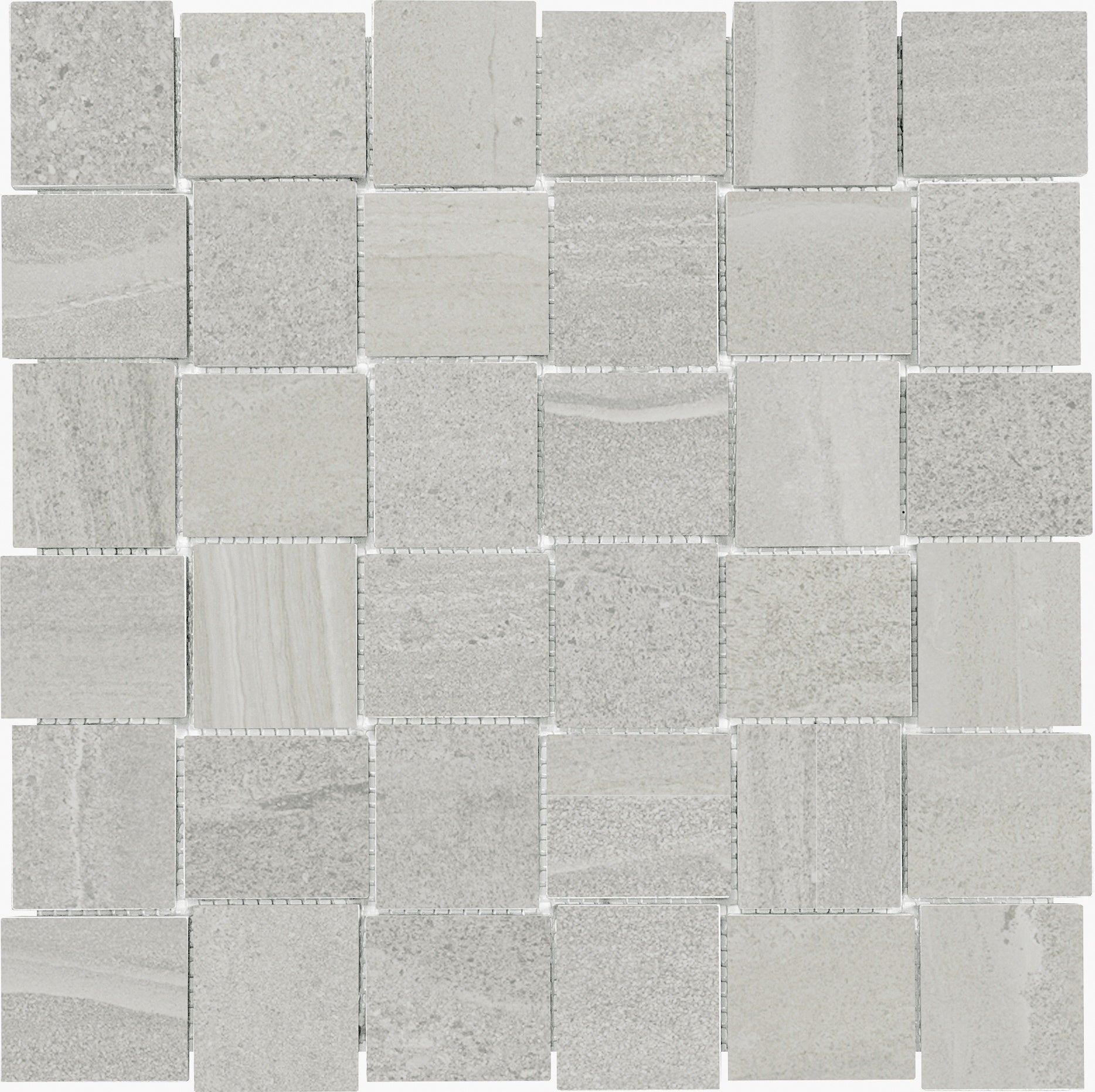 Davenport Ash porcelain mosaic by Anatolia, top-down product view, 11 13/16"×11 13/16"×11/32" size. Turkish porcelain for floors and walls.