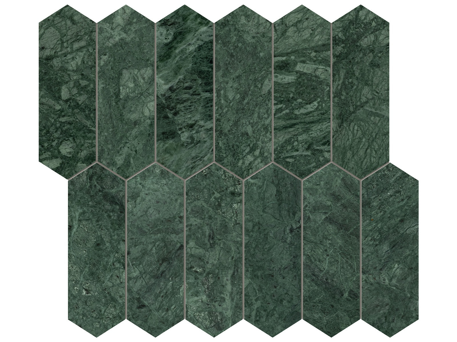 Diosa Verde marble mosaic by Anatolia, top-down product view, 10 5/8"×11 13/16"×11/32" size. Indian marble for floors and walls.