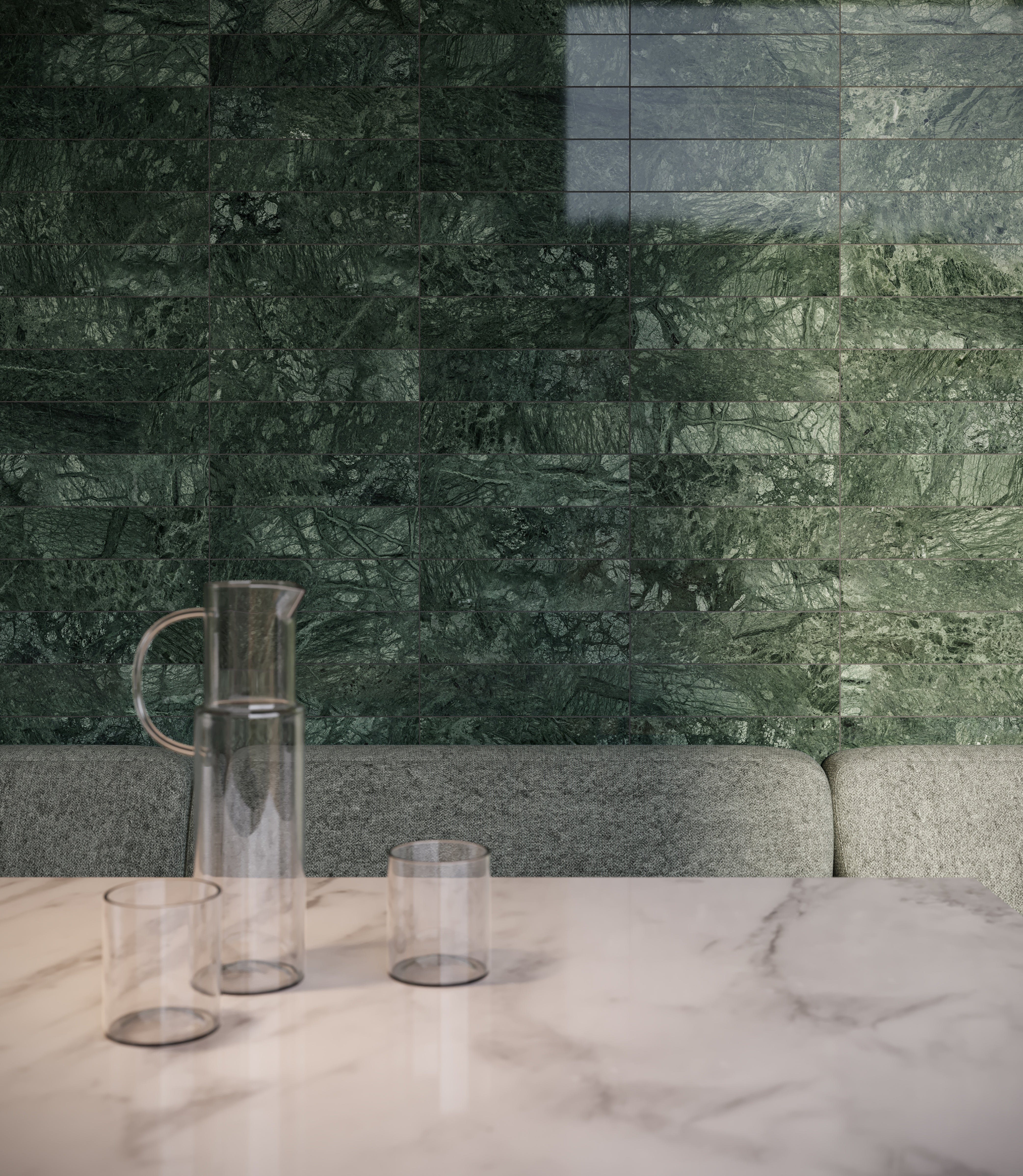Diosa Verde marble trim by Anatolia, top-down product view, 1/2"×12"×5/8" size. Indian marble for floors and walls.