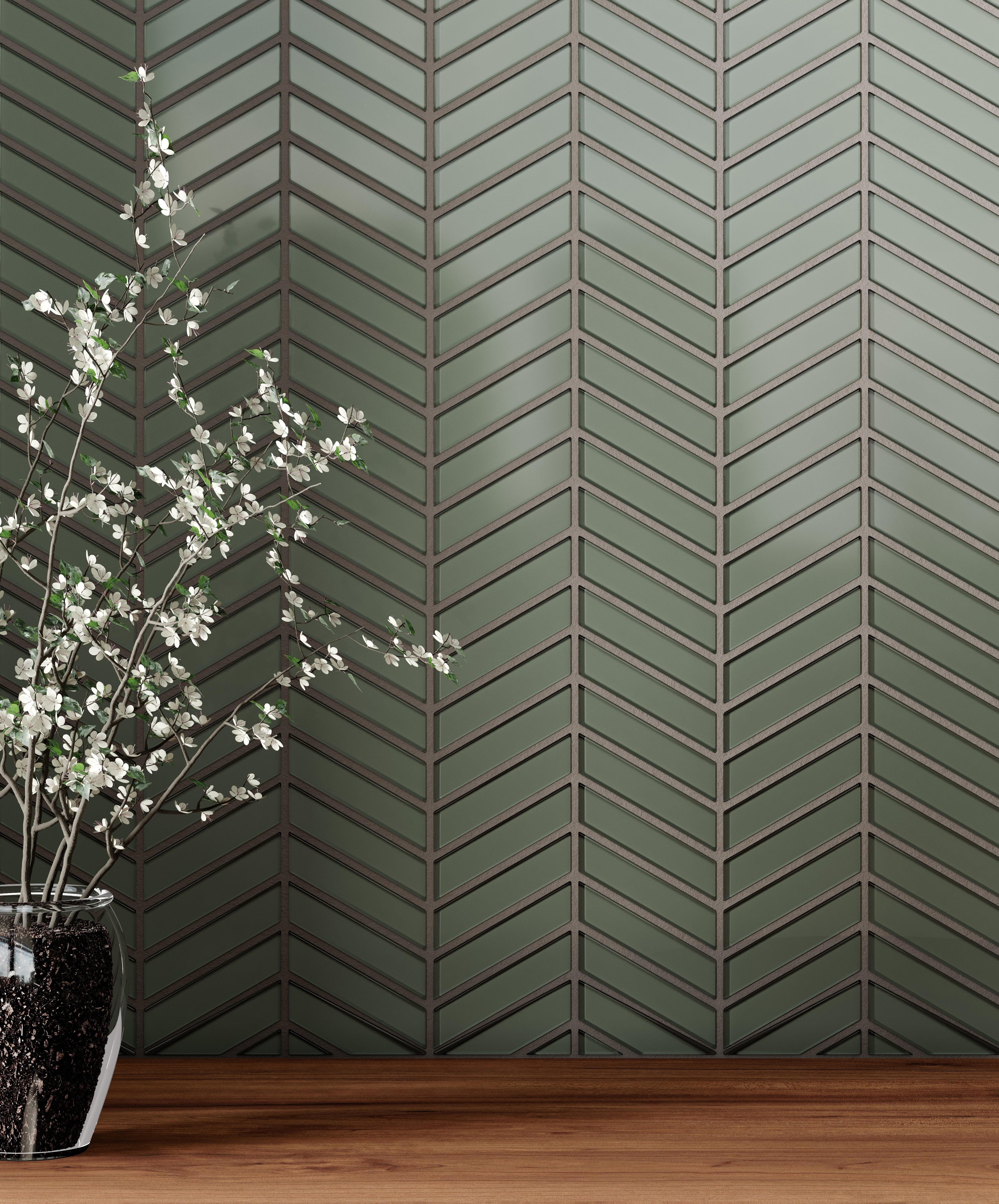 Element Smoke glass mosaic by Anatolia, top-down product view, 11 13/32"×11 27/32"×5/16" size. Chinese glass for floors and walls.