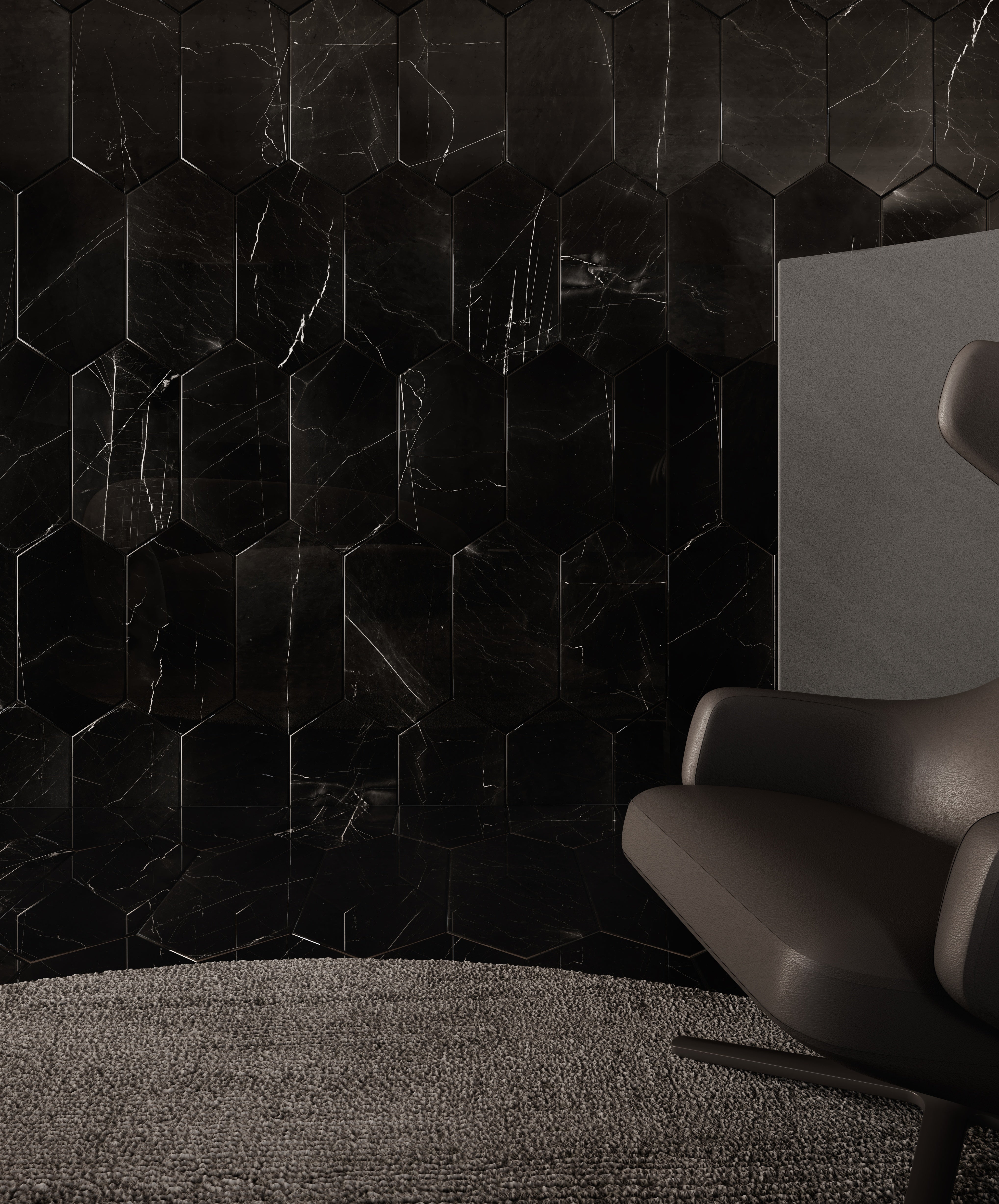 Galaxia Nero field tile by Anatolia Tile, lifestyle installation view 2. Premium porcelain for floors and walls.