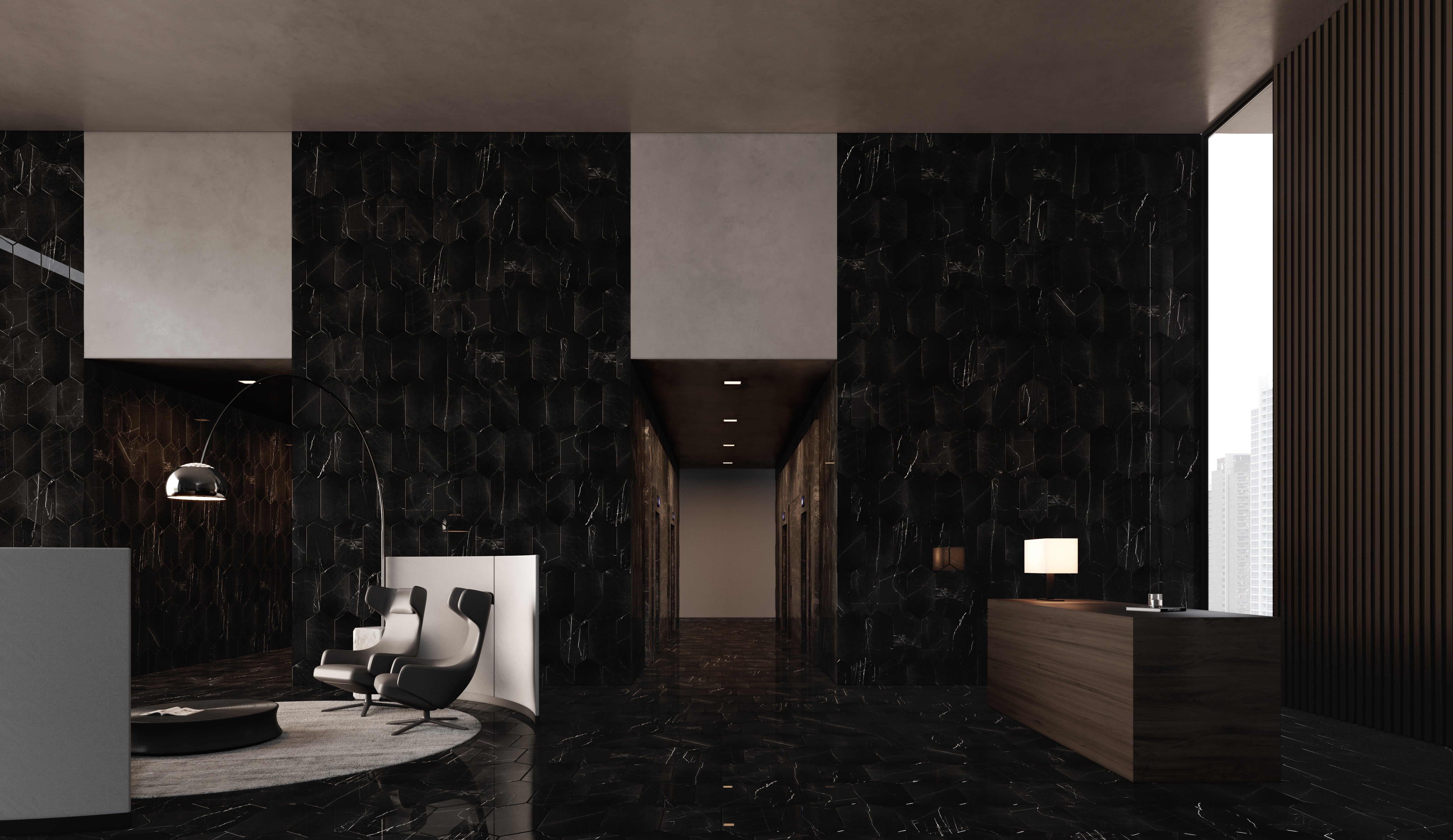 Galaxia Nero field tile by Anatolia Tile, lifestyle installation view 1. Premium porcelain for floors and walls.