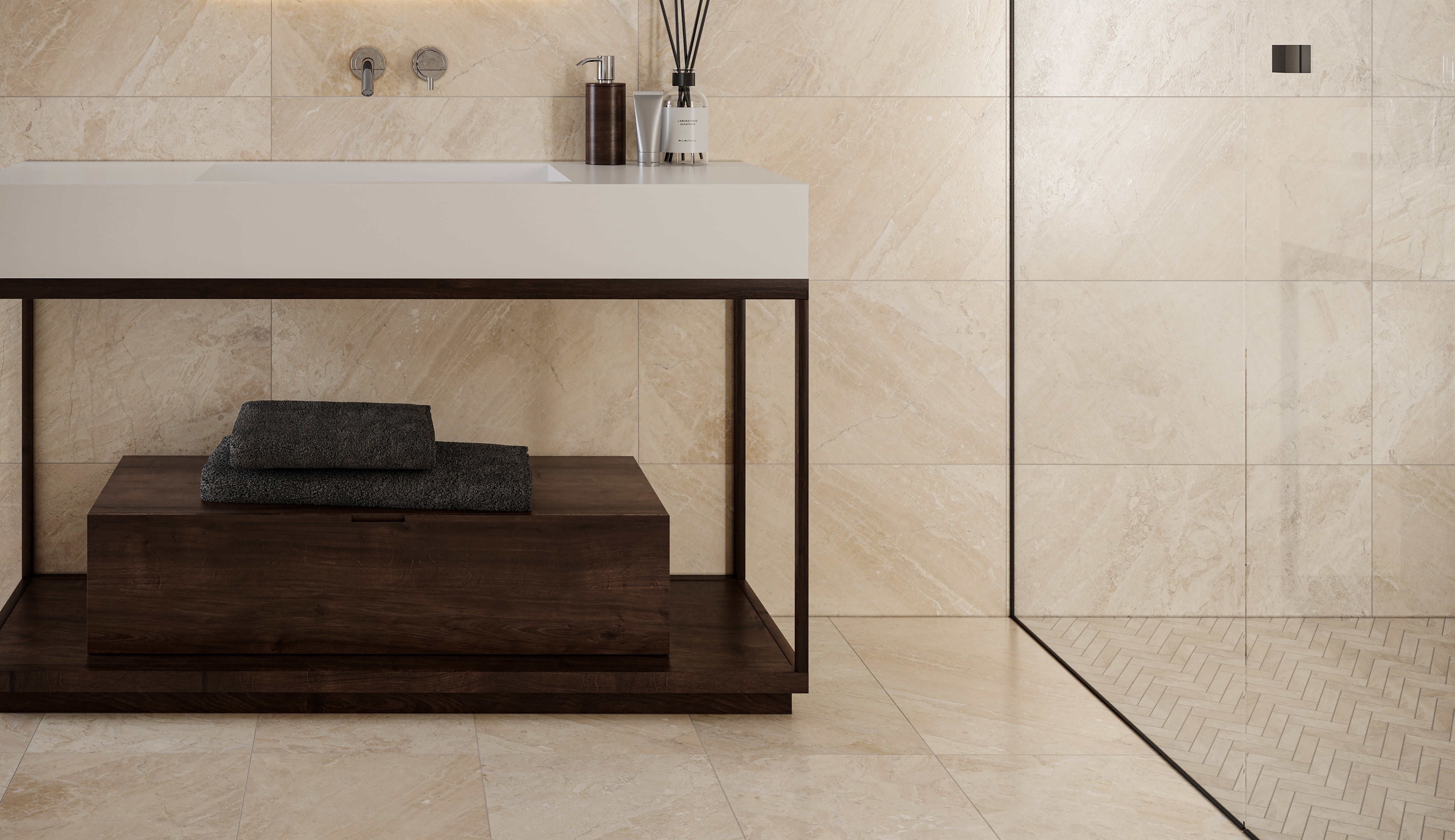 Impero Reale marble trim by Anatolia, top-down product view, 1 1/4"×12"×7/8" size. Turkish marble for floors and walls.