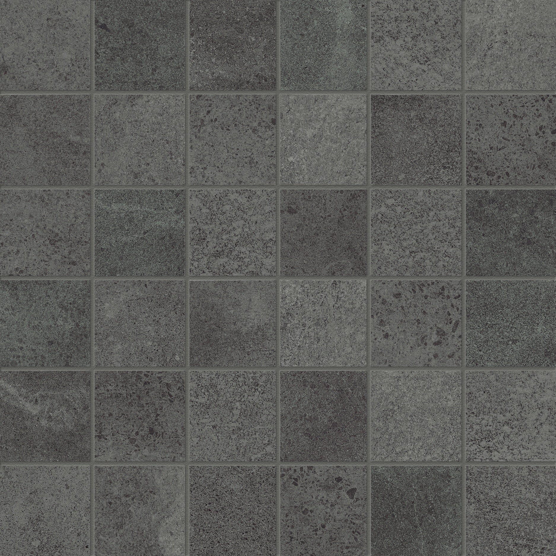Industria Graphite porcelain mosaic by Anatolia, top-down product view, 11 25/32"×11 25/32"×11/32" size. Turkish porcelain for floors and walls.