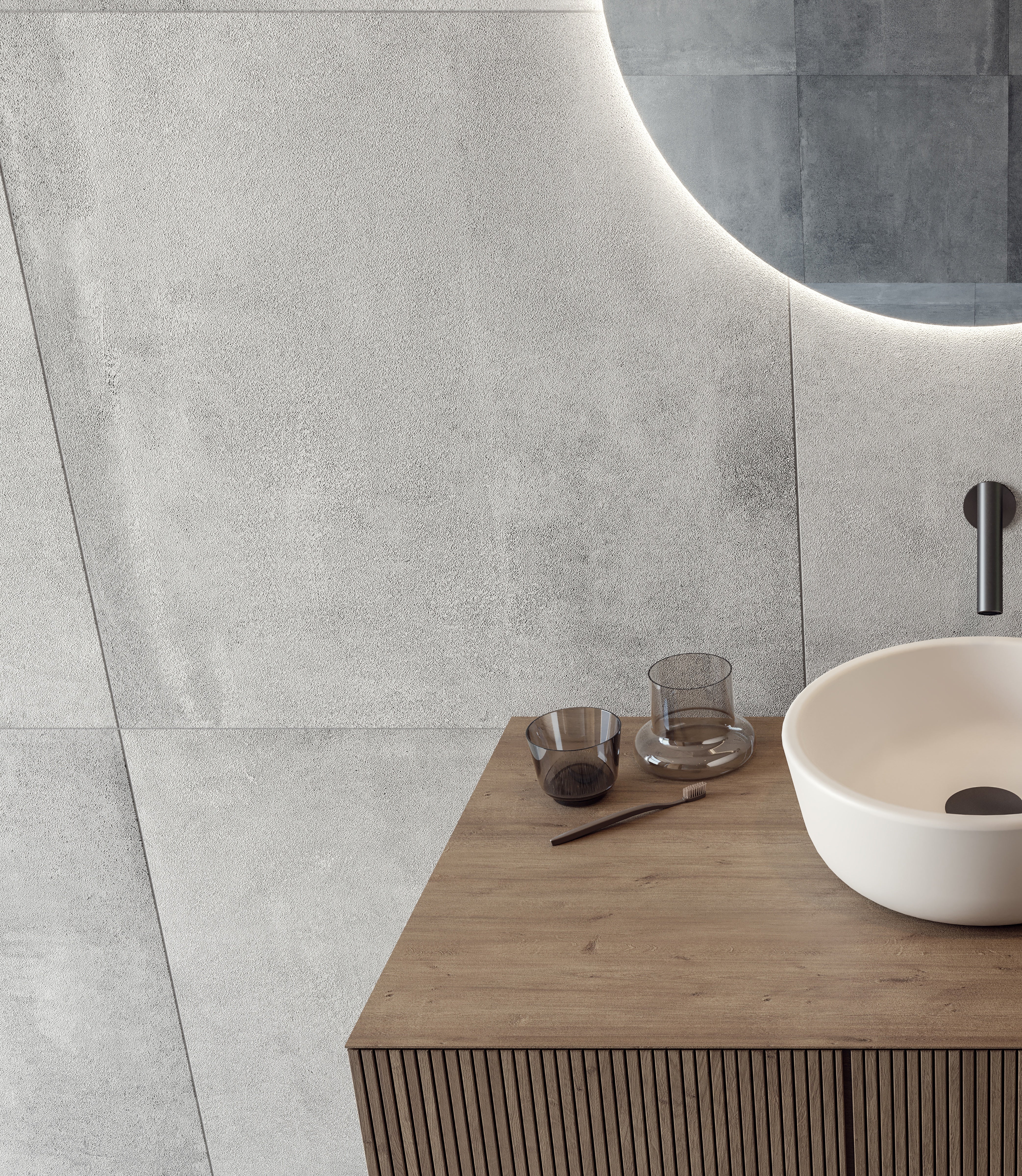 Industria Lithium porcelain trim by Anatolia, top-down product view, 3"×24"×11/32" size. Turkish porcelain for floors and walls.