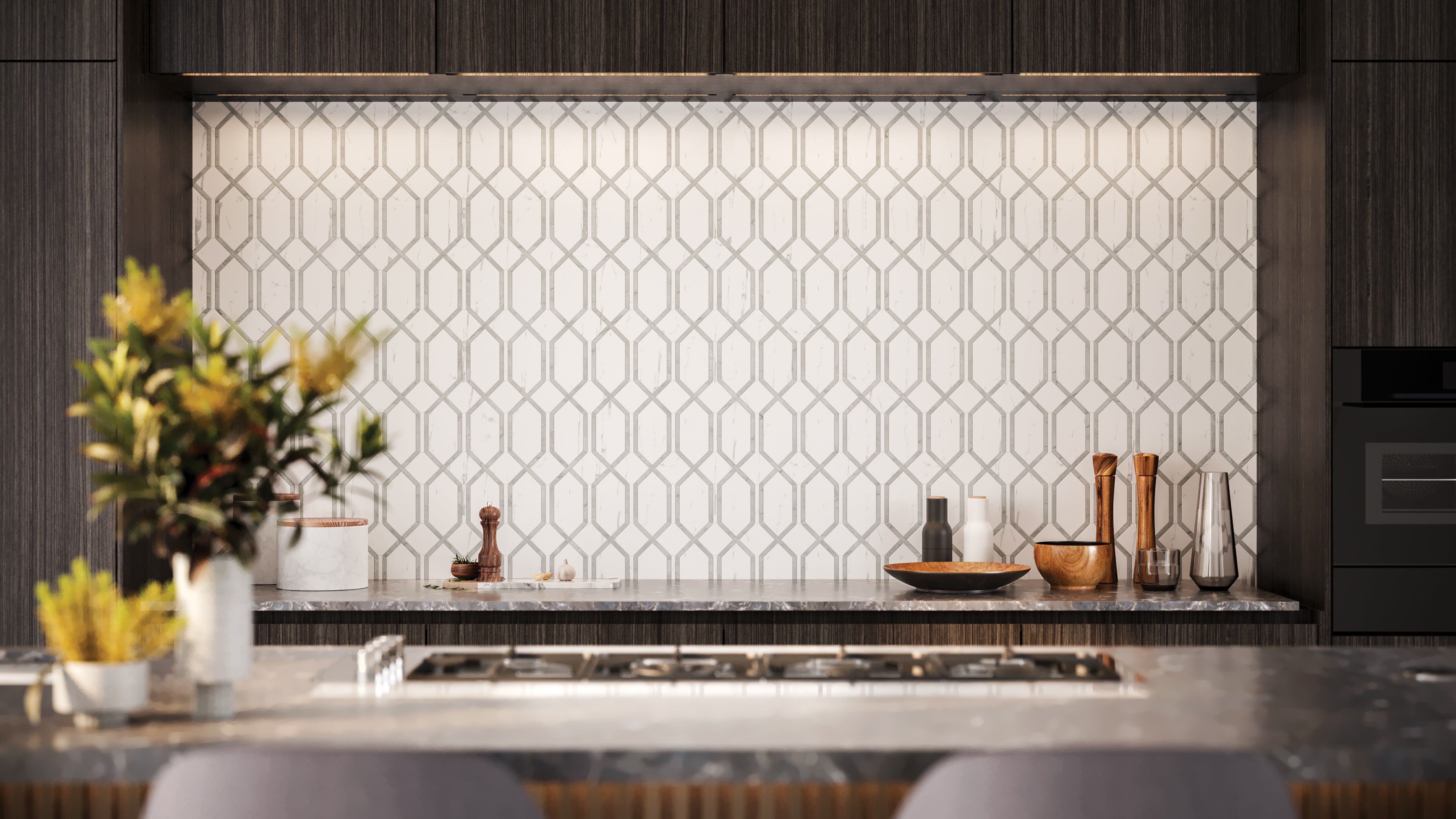 LA MARCA: Statuario Nuovo Modella Porcelain Mosaic (11 13/16"×13 7/16"×11/32" | Polished | Rectified)
