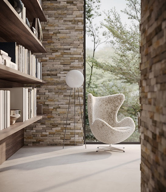 Ledger Stone Beachwalk quartzite trim by Anatolia, lifestyle installation view 2, 6"×18"×19/32" size. Chinese quartzite for floors and walls.