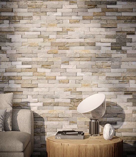 Ledger Stone Beachwalk quartzite trim by Anatolia, lifestyle installation view 1, 6"×18"×19/32" size. Chinese quartzite for floors and walls.