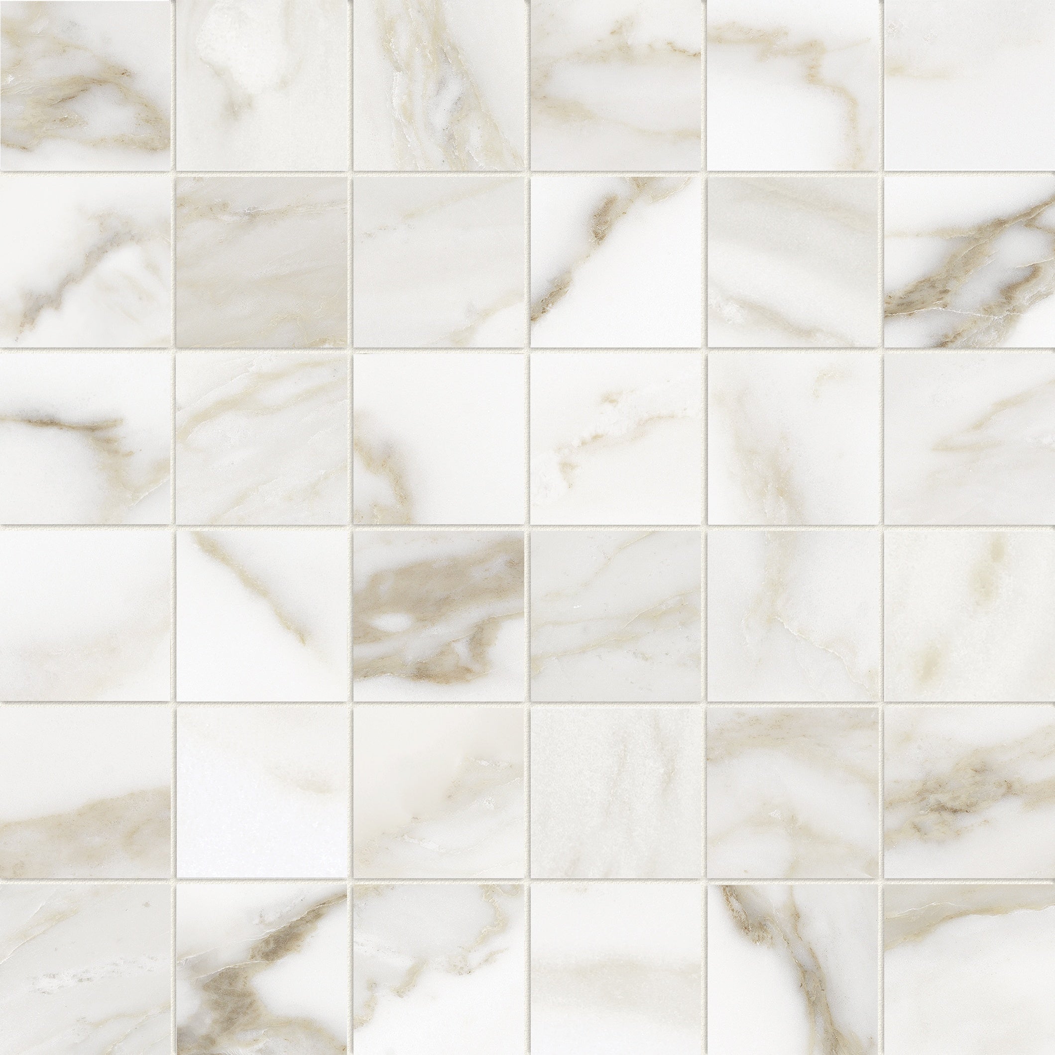 Lumino Calacatta porcelain mosaic by Anatolia, top-down product view, 11 25/32"×11 25/32"×11/32" size. Turkish porcelain for floors and walls.