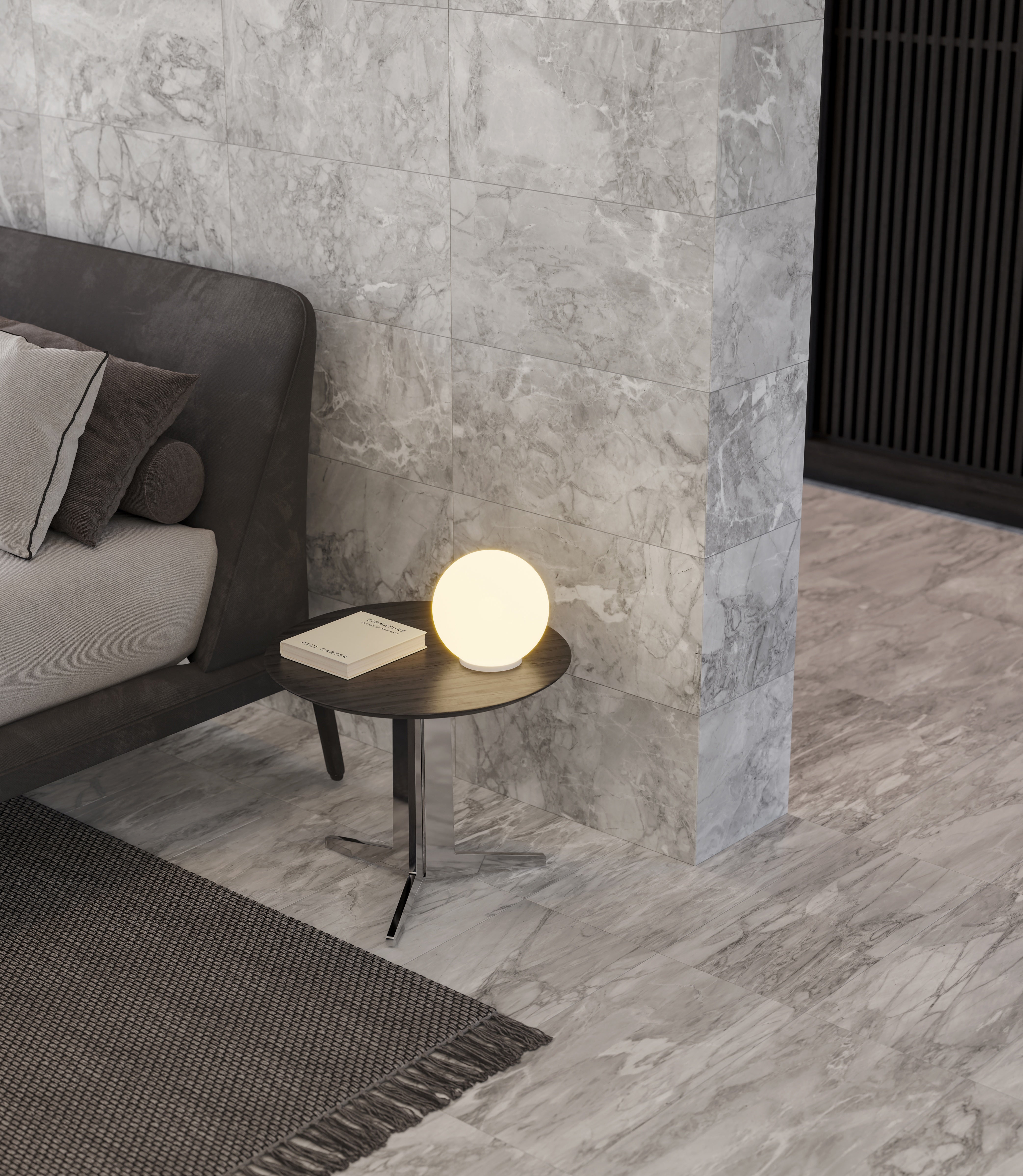 Lumino Grigio porcelain mosaic by Anatolia, top-down product view, 11 25/32"×11 25/32"×11/32" size. Turkish porcelain for floors and walls.