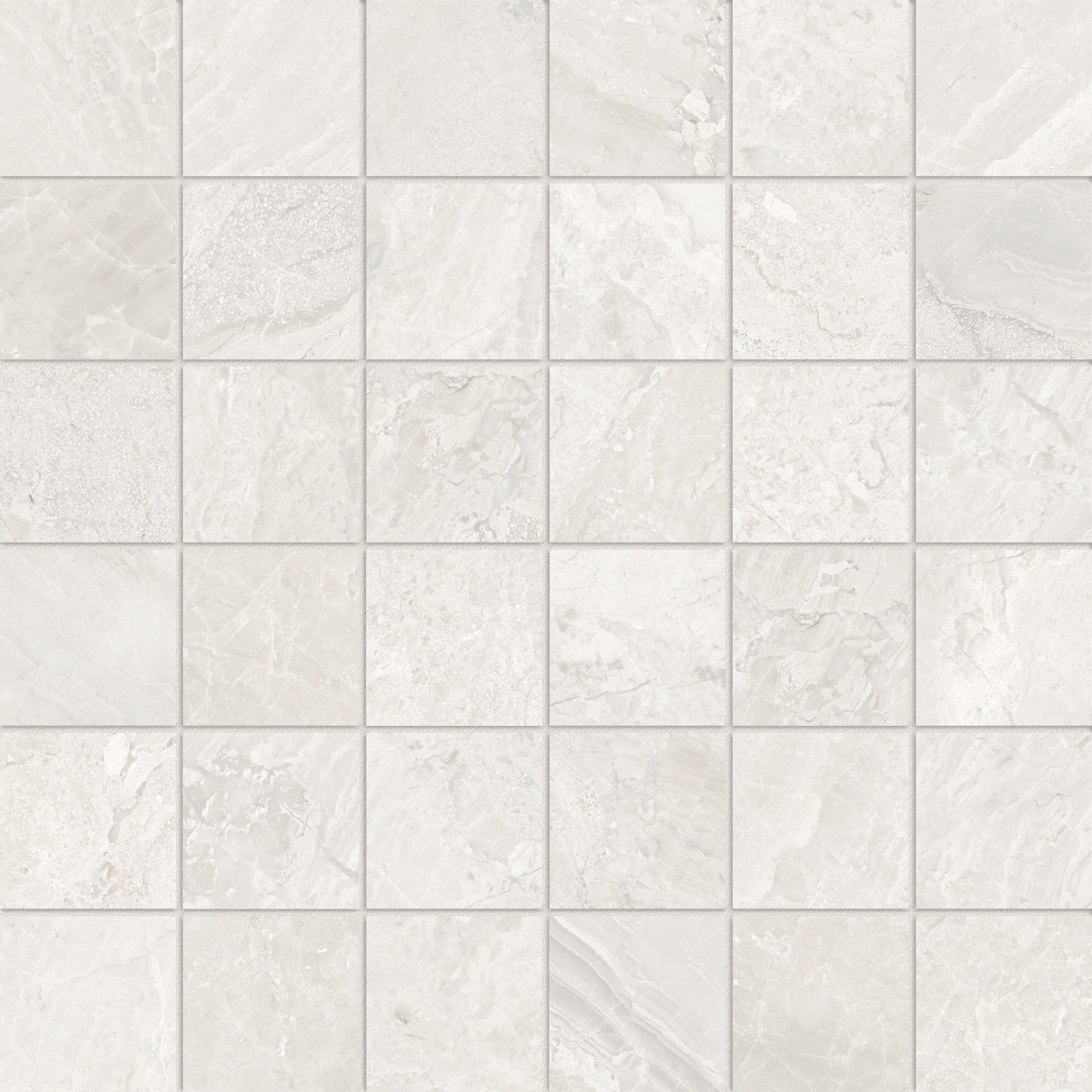 Lumino Ivory porcelain mosaic by Anatolia, top-down product view, 11 25/32"×11 25/32"×11/32" size. Turkish porcelain for floors and walls.