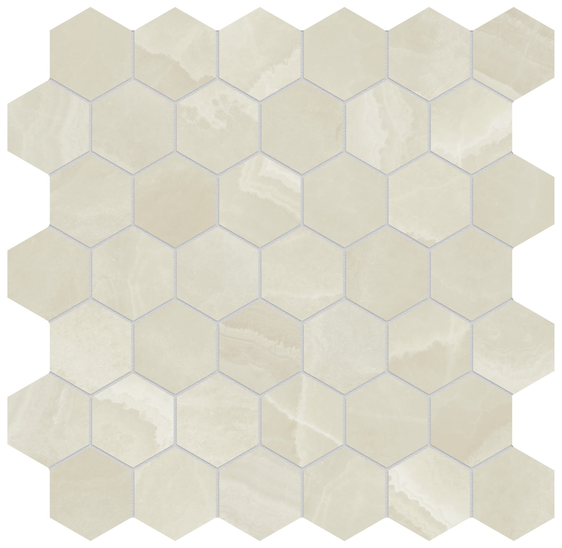 Lustra Onyx Crema porcelain mosaic by Anatolia, top-down product view, 11 23/32"×11 27/32"×11/32" size. Turkish porcelain for floors and walls.