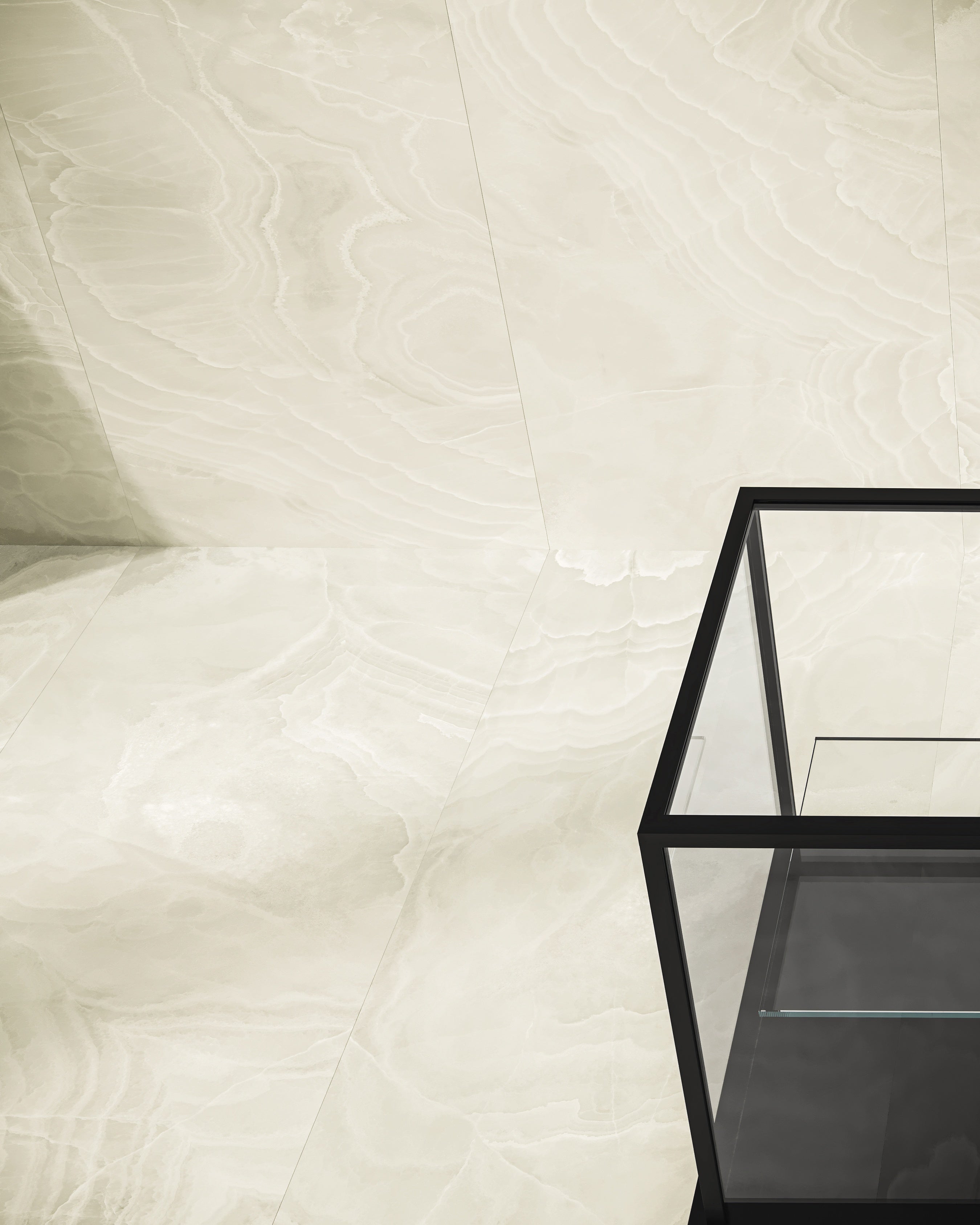 Lustra Onyx Crema porcelain mosaic by Anatolia, top-down product view, 11 23/32"×11 27/32"×11/32" size. Turkish porcelain for floors and walls.