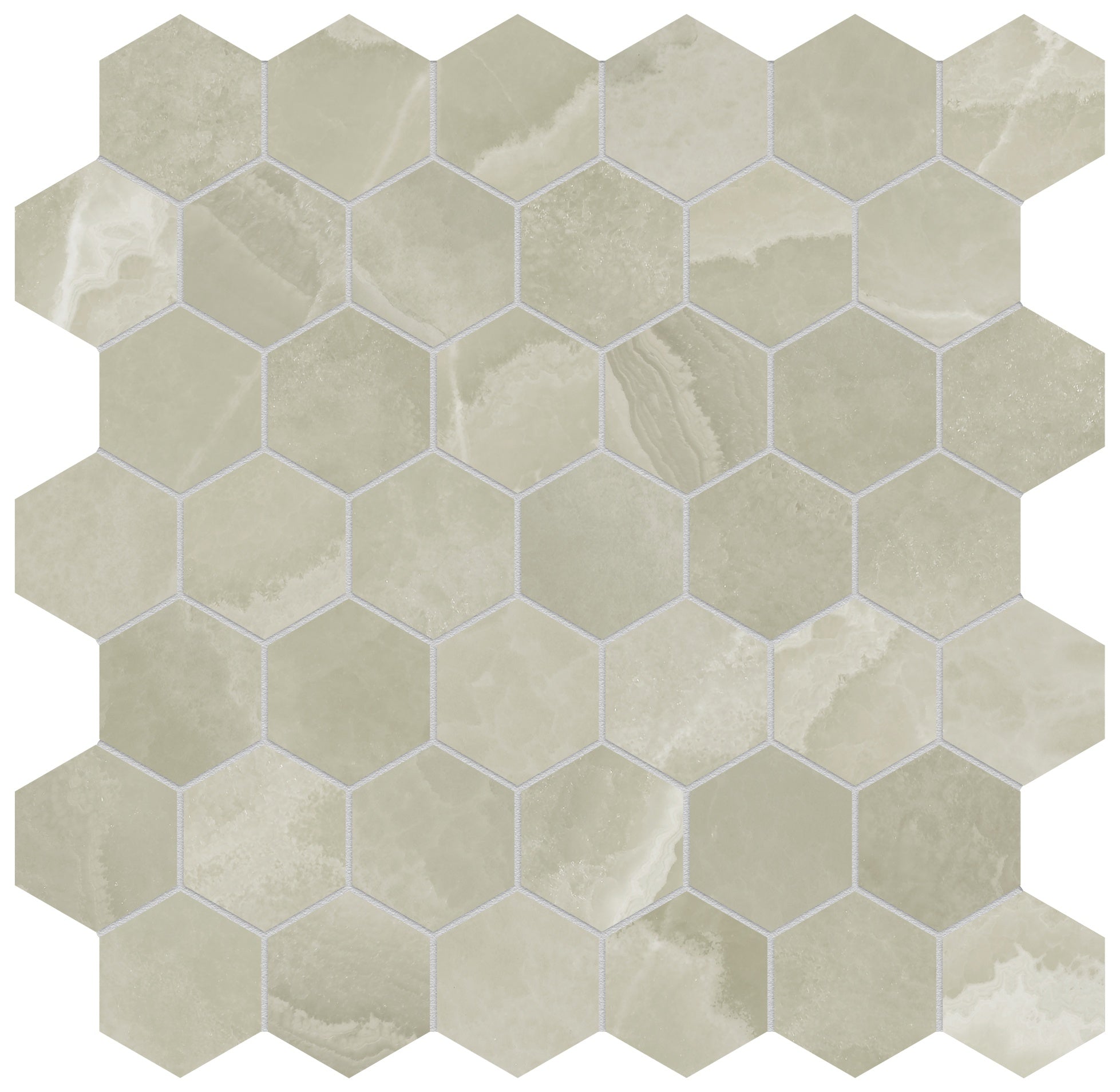 Lustra Onyx Sage porcelain mosaic by Anatolia, top-down product view, 11 23/32"×11 27/32"×11/32" size. Turkish porcelain for floors and walls.