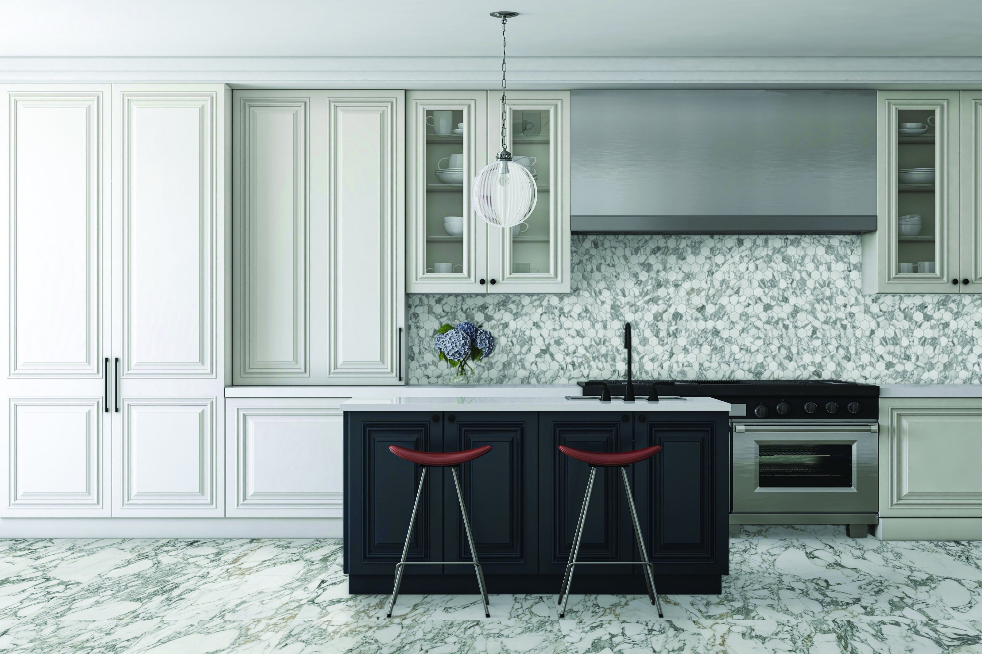 Majesto Arabescato Corchia porcelain mosaic by Anatolia, top-down product view, 11 23/32"×11 27/32"×11/32" size. Turkish porcelain for floors and walls.