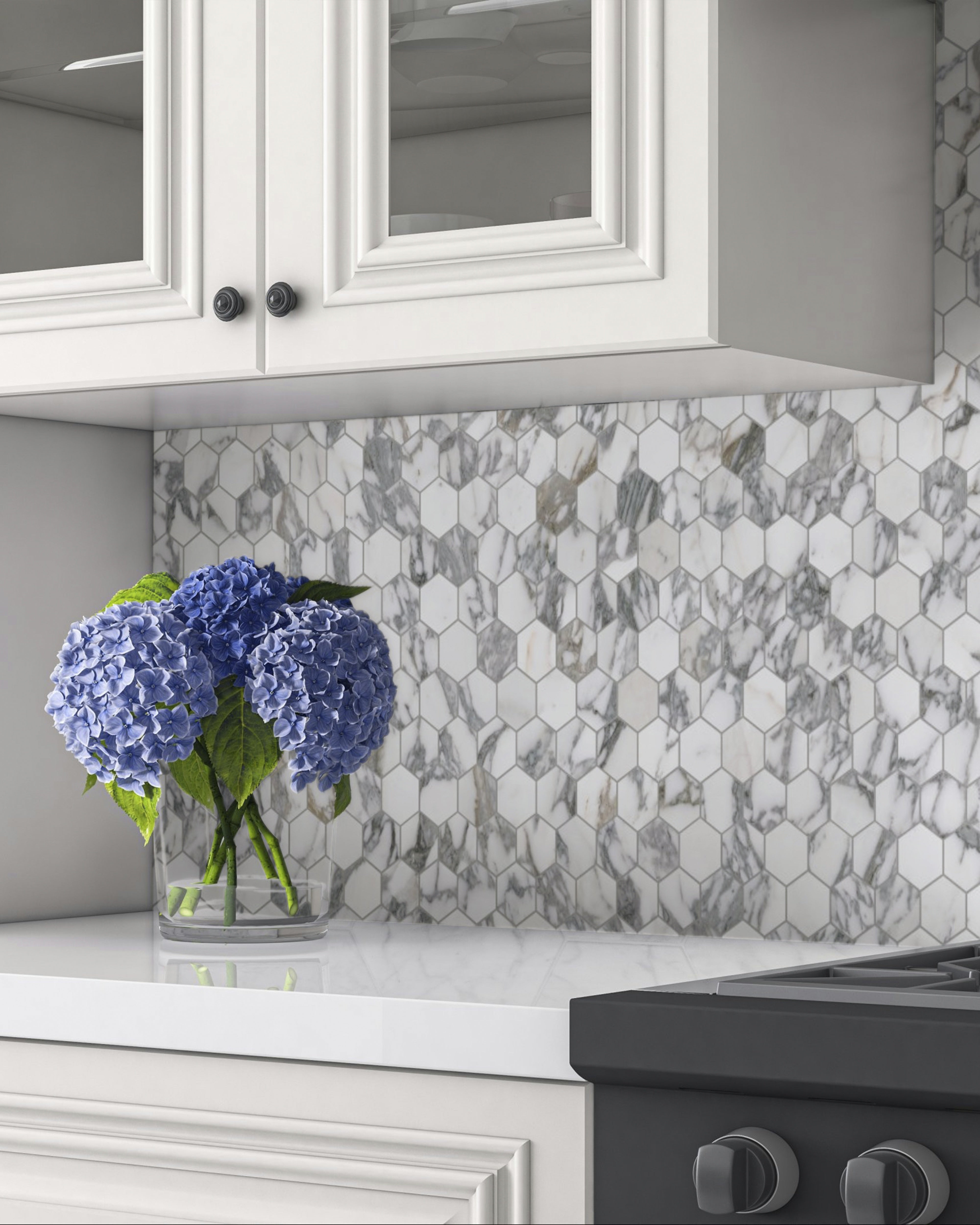 Majesto Arabescato Corchia porcelain mosaic by Anatolia, top-down product view, 11 23/32"×11 27/32"×11/32" size. Turkish porcelain for floors and walls.