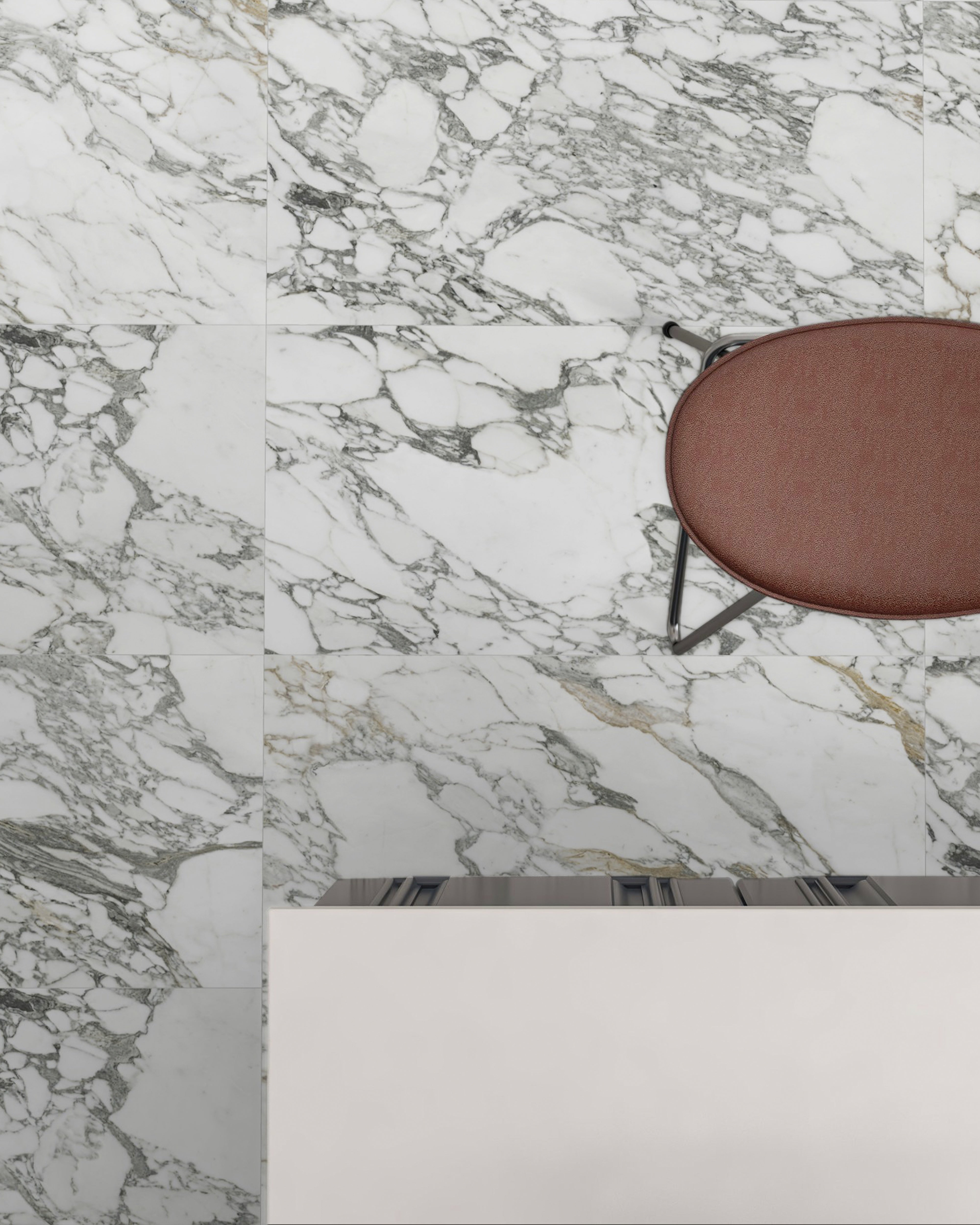 Majesto Arabescato Corchia porcelain mosaic by Anatolia, top-down product view, 11 23/32"×11 27/32"×11/32" size. Turkish porcelain for floors and walls.