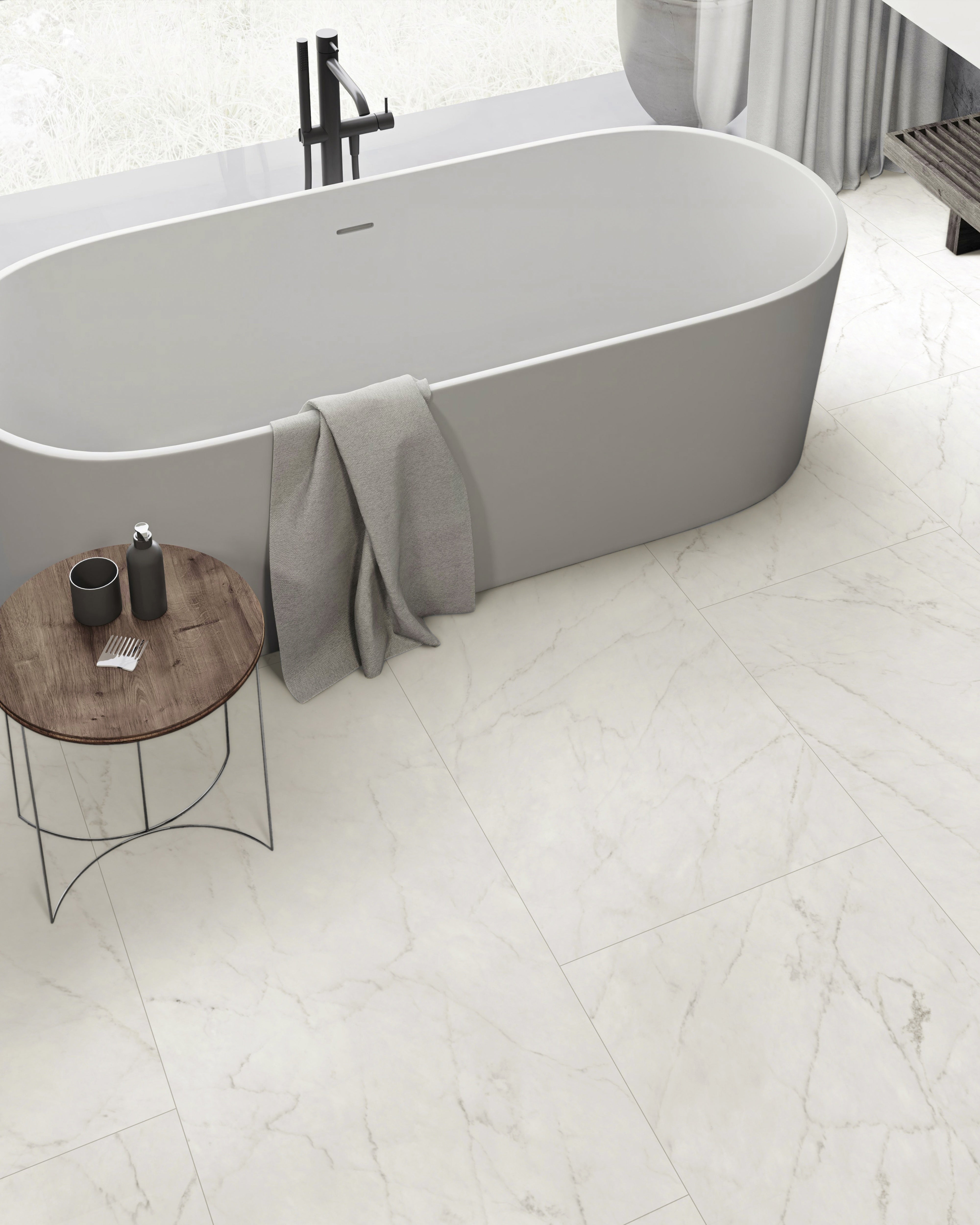 Majesto Ariel Bianco porcelain mosaic by Anatolia, top-down product view, 11 23/32"×11 27/32"×11/32" size. Turkish porcelain for floors and walls.