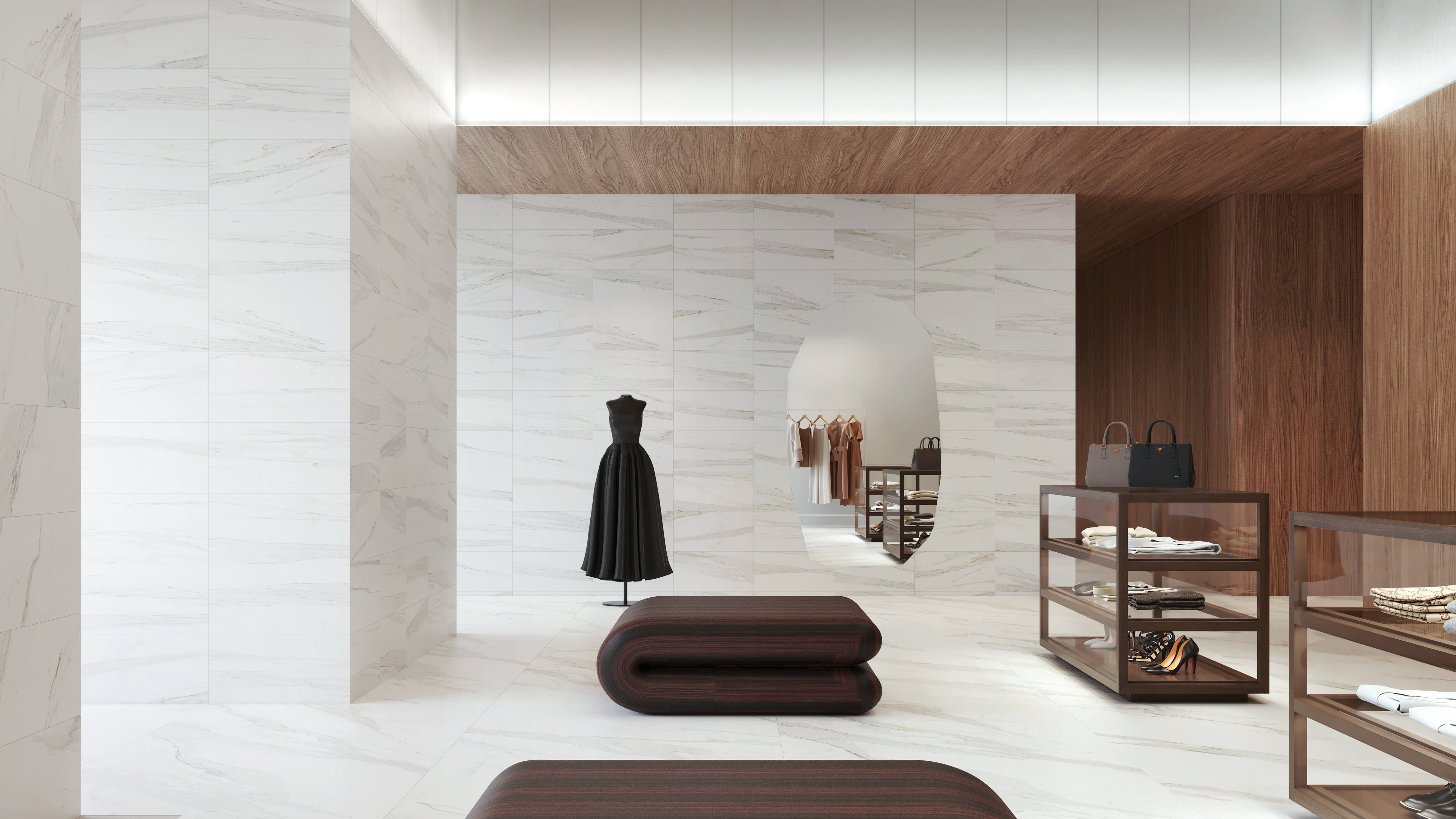 Majesto Calacatta Borghini porcelain mosaic by Anatolia, top-down product view, 11 23/32"×11 27/32"×11/32" size. Turkish porcelain for floors and walls.