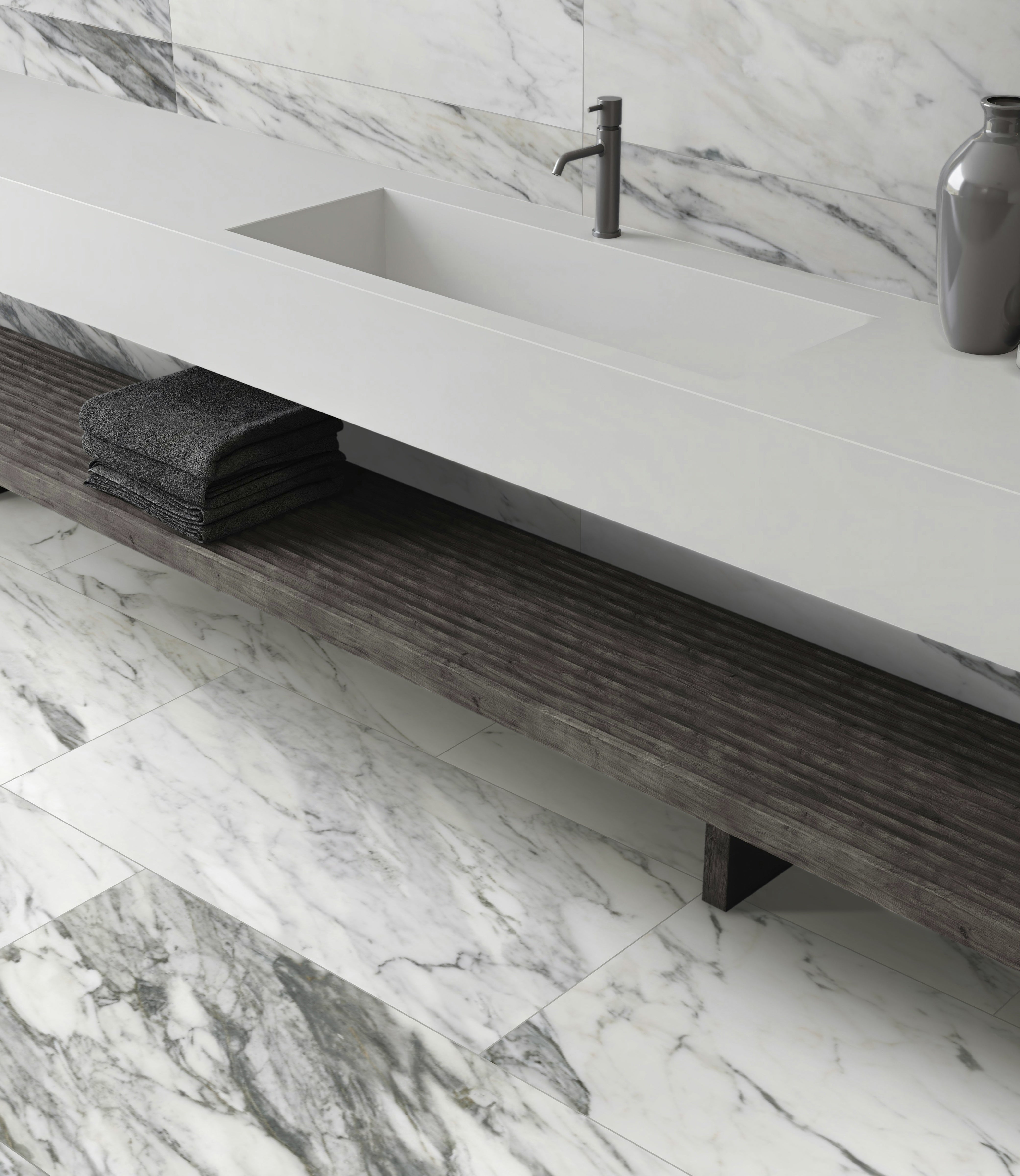 Majesto Calacatta Corchia porcelain mosaic by Anatolia, top-down product view, 11 23/32"×11 27/32"×11/32" size. Turkish porcelain for floors and walls.