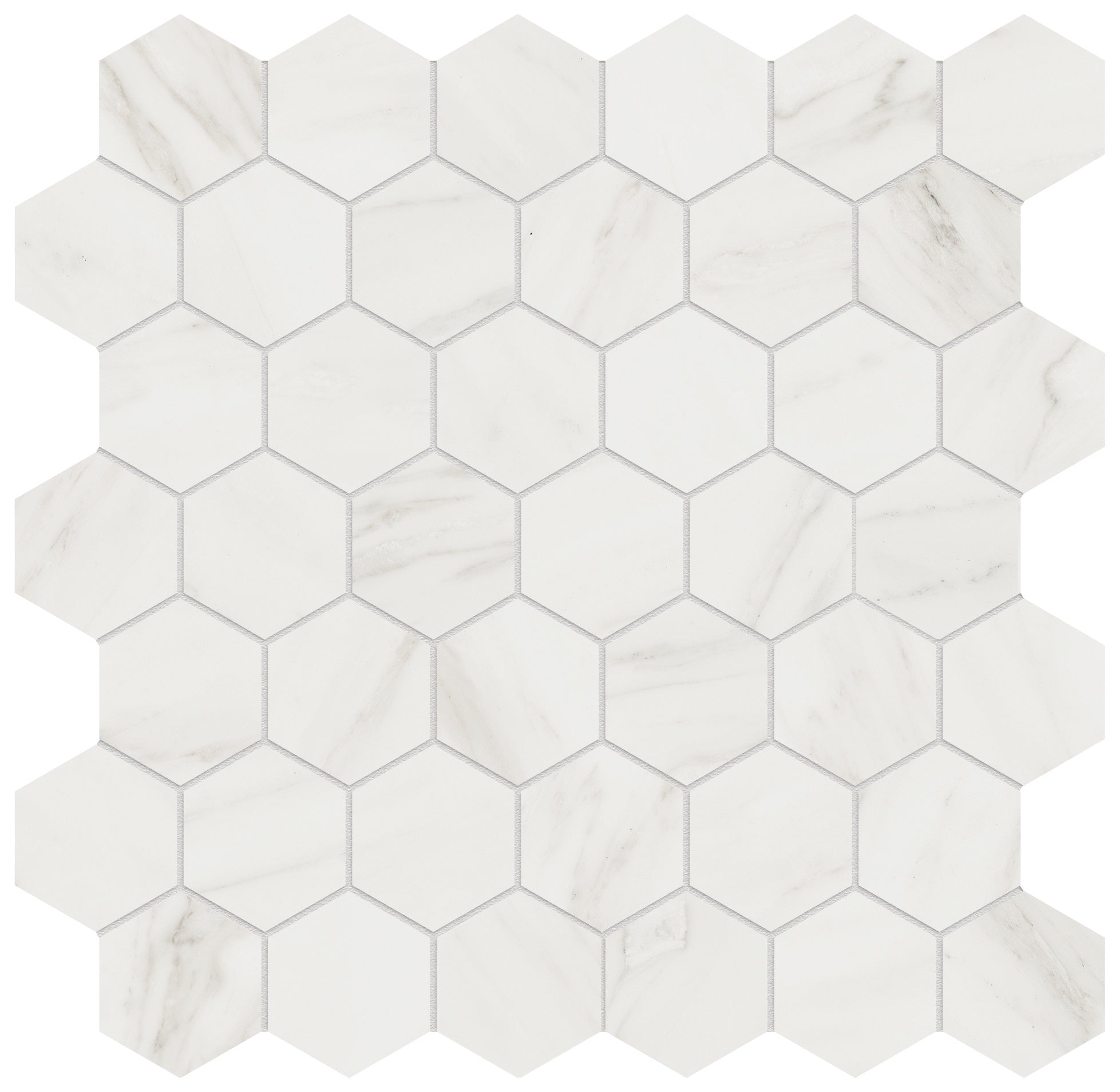 Majesto Calacatta Cremo porcelain mosaic by Anatolia, top-down product view, 11 23/32"×11 27/32"×11/32" size. Turkish porcelain for floors and walls.
