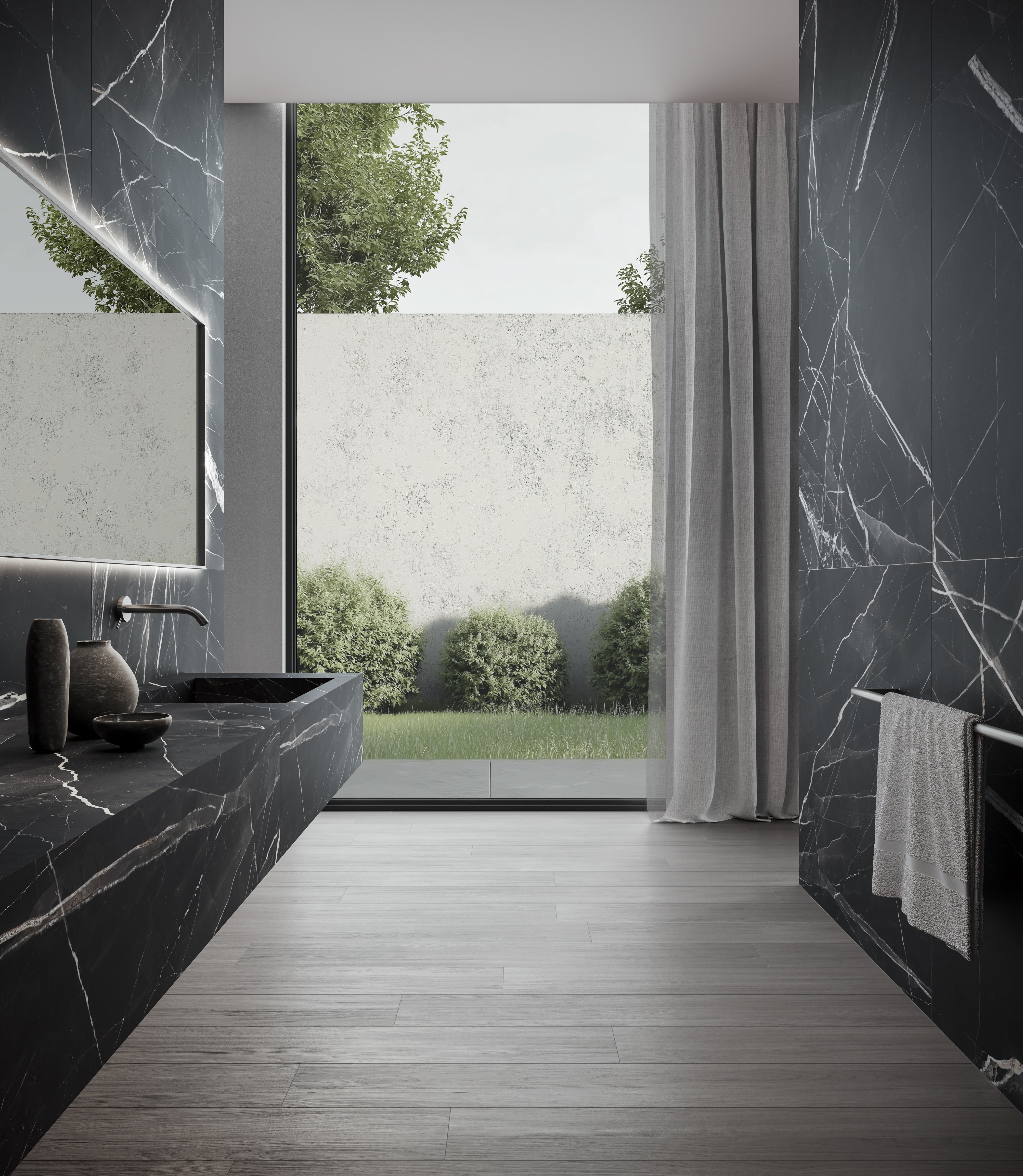 Majesto Calacatta Noir porcelain mosaic by Anatolia, top-down product view, 11 23/32"×11 27/32"×11/32" size. Turkish porcelain for floors and walls.