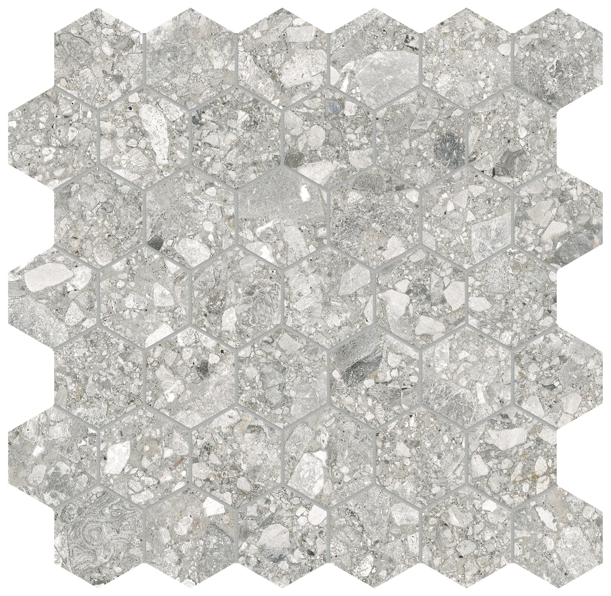 Majesto Ceppo di Gre porcelain mosaic by Anatolia, top-down product view, 11 23/32"×11 27/32"×11/32" size. Turkish porcelain for floors and walls.