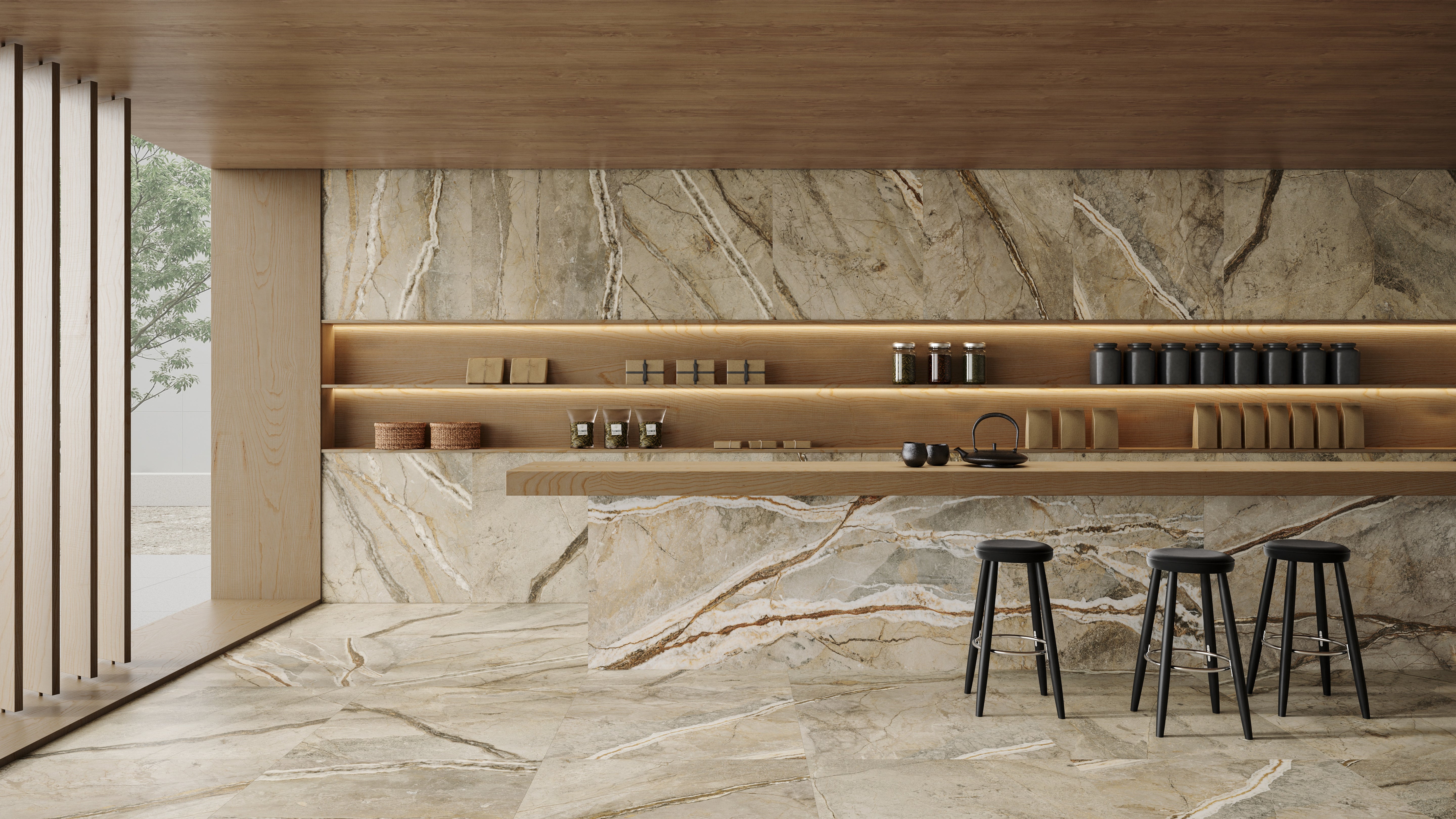 Majesto Foresta porcelain mosaic by Anatolia, top-down product view, 11 23/32"×11 27/32"×11/32" size. Turkish porcelain for floors and walls.