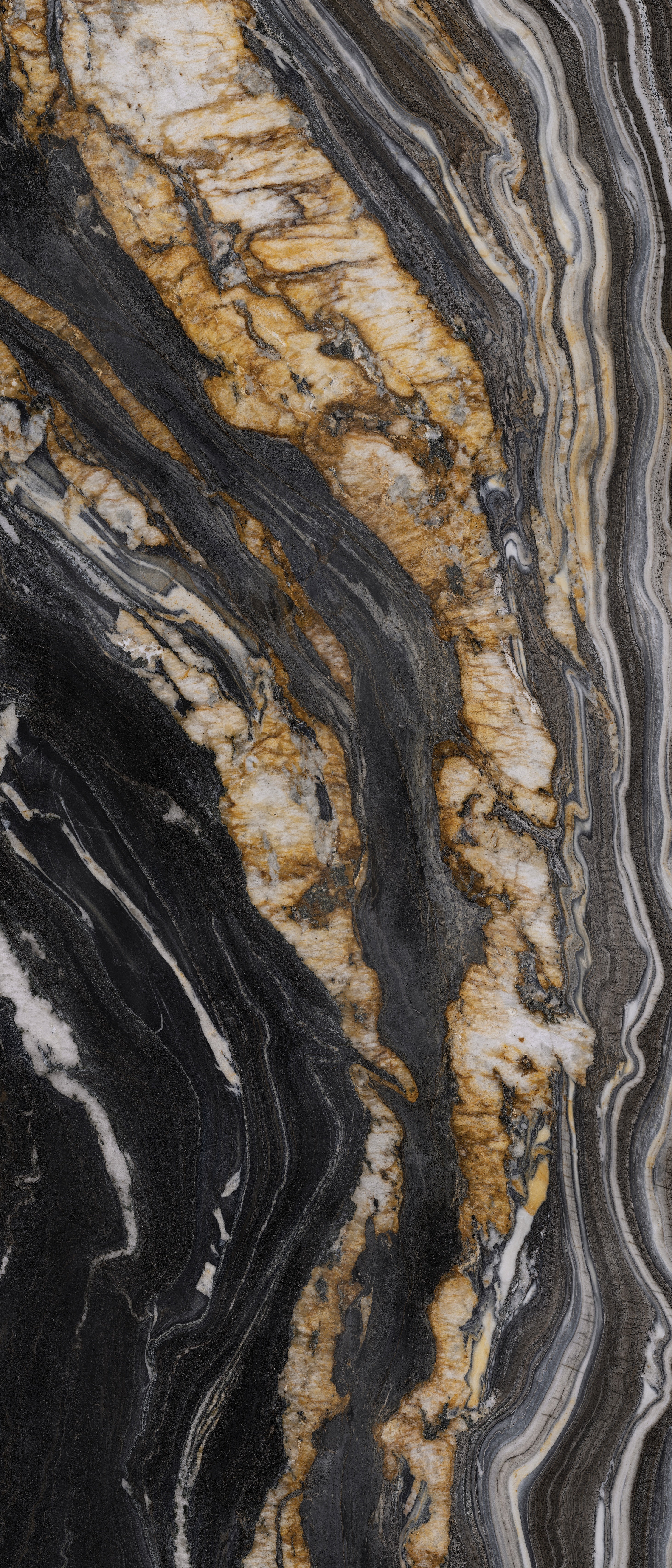 Majesto Oro Noir sintered stone slabs by Anatolia, top-down product view, 48"×110"×1/4" size. Turkish sintered stone for floors and walls.