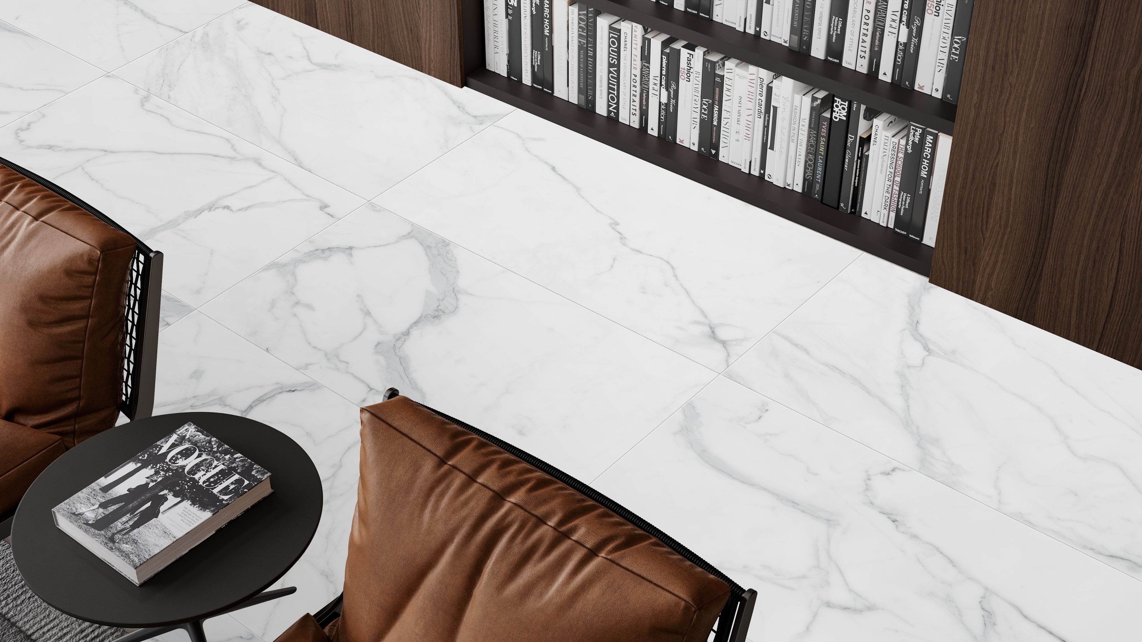 Majesto Statuario porcelain mosaic by Anatolia, top-down product view, 11 23/32"×11 27/32"×11/32" size. Turkish porcelain for floors and walls.