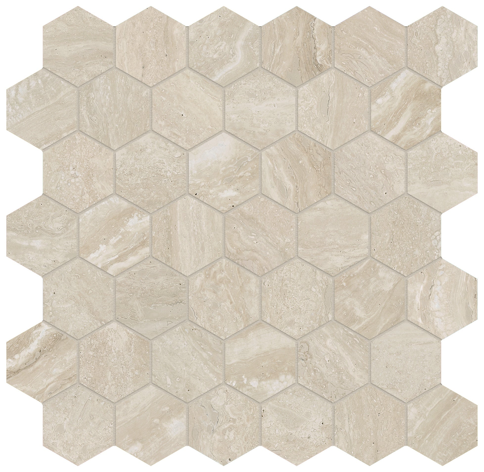 Majesto Travertino Classico porcelain mosaic by Anatolia, top-down product view, 11 23/32"×11 27/32"×11/32" size. Turkish porcelain for floors and walls.